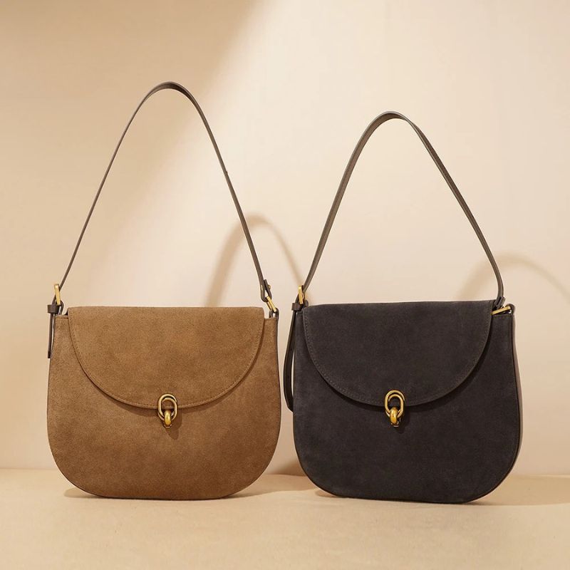 Luxury Women’s Leather Suede Shoulder Saddle Crossbody Bag-Handbags-Brown-Free Shipping Leatheretro