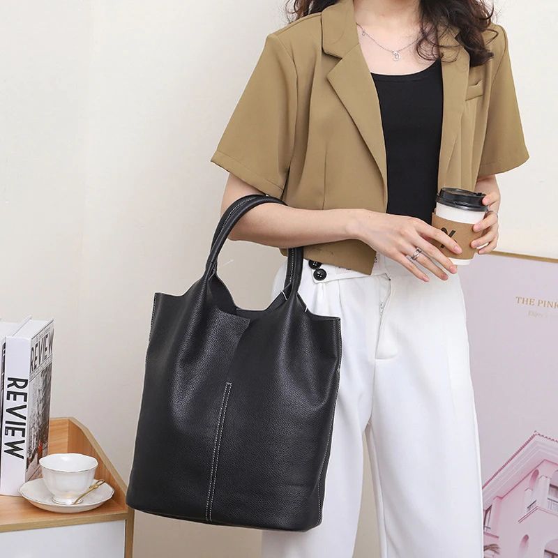 Real Leather Shopper Tote Bag-Tote Bag-Khaki-Free Shipping Leatheretro