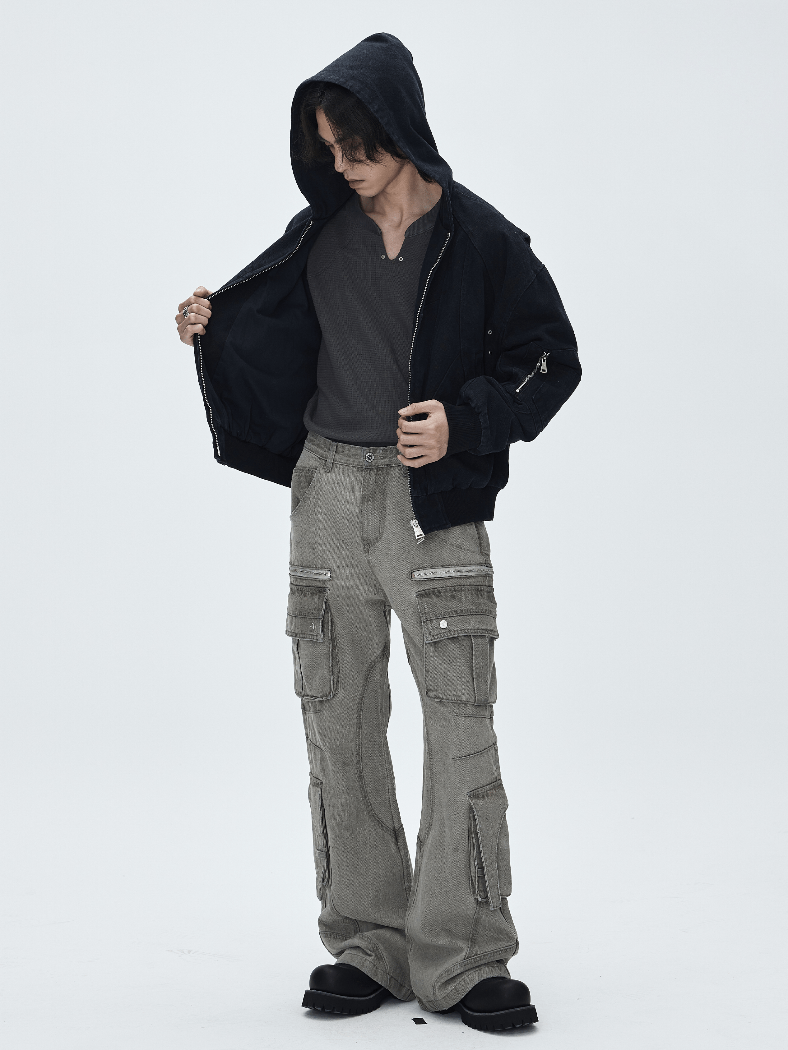 CATSSTAC Washed Multi-Pocket Utility Straight-Leg Jeans-Jeans-Gray-M-Free Shipping Leatheretro