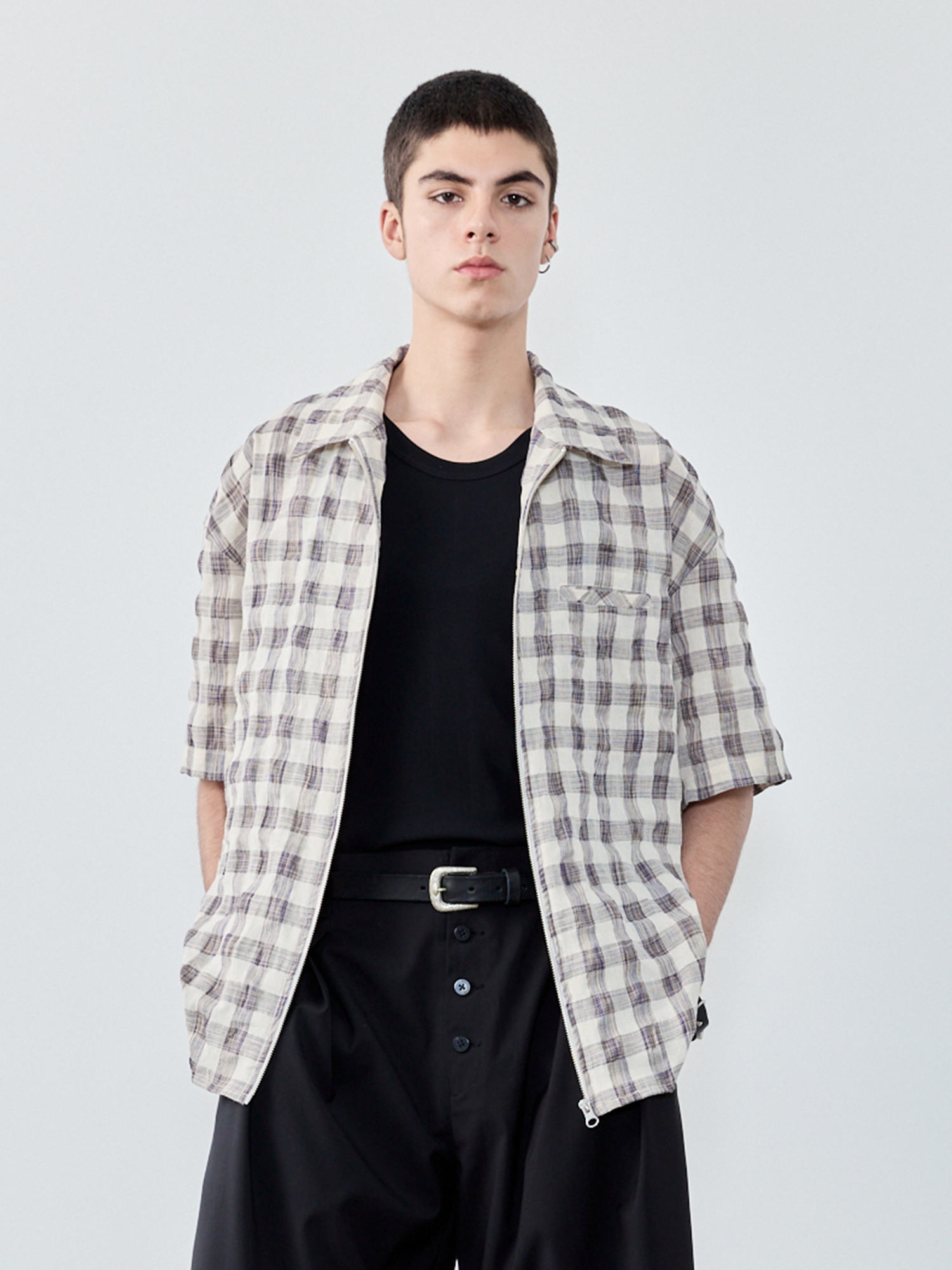 GRAINMUSTARD Retro Plaid Zip Half Shirt-Half shirt-XS-Free Shipping Leatheretro