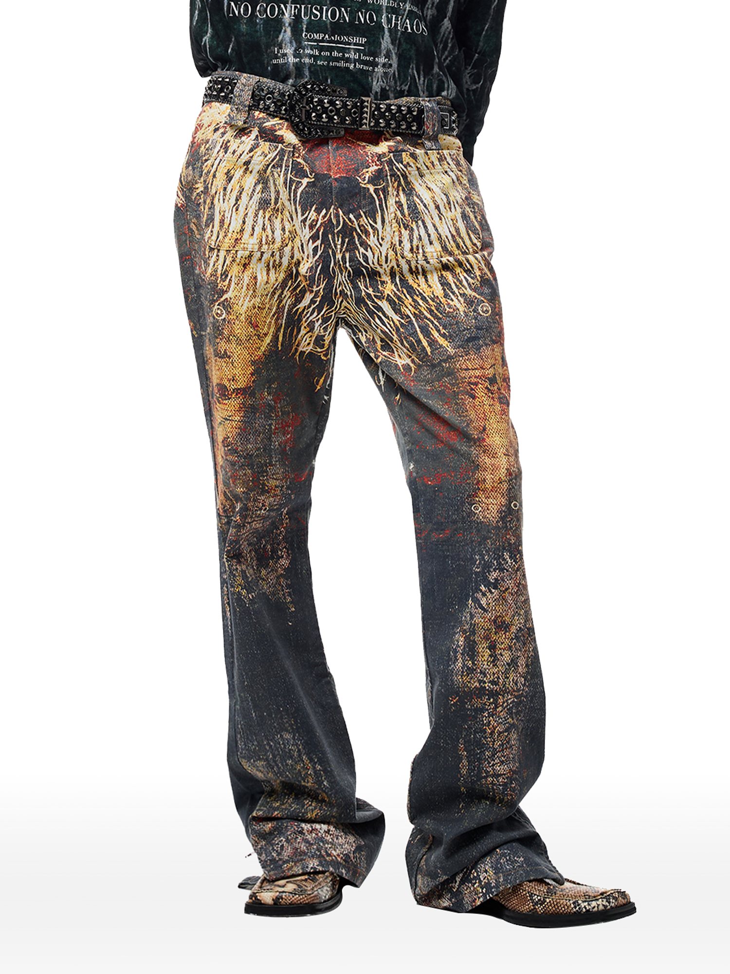CYCYCY Feather Full-Print Slim Flared Jeans-Jeans-XXS / 27"-Free Shipping Leatheretro