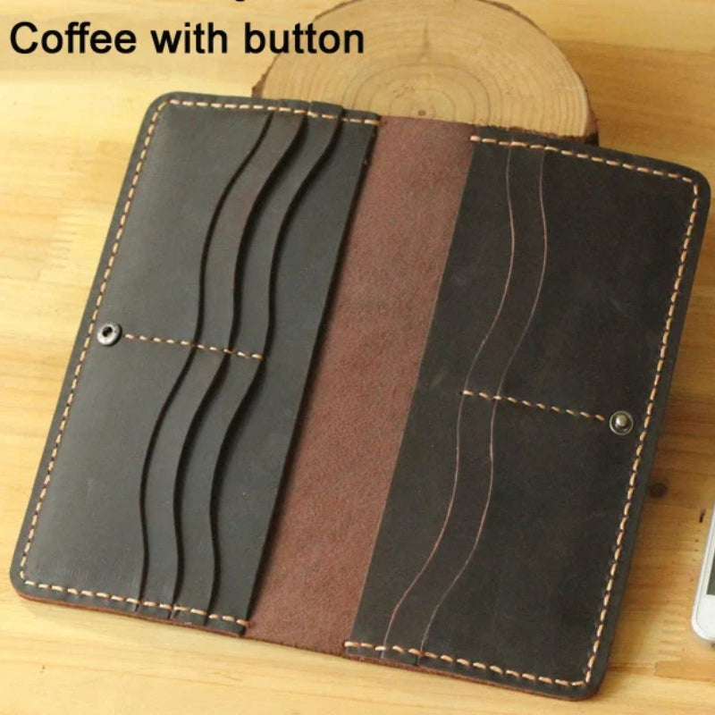 Handmade Vintage Crazy Horse Genuine Leather Wallet - Men Stylish Clutch Bag Purse-Wallets & Money Clips-Coffee with button-Free Shipping Leatheretro