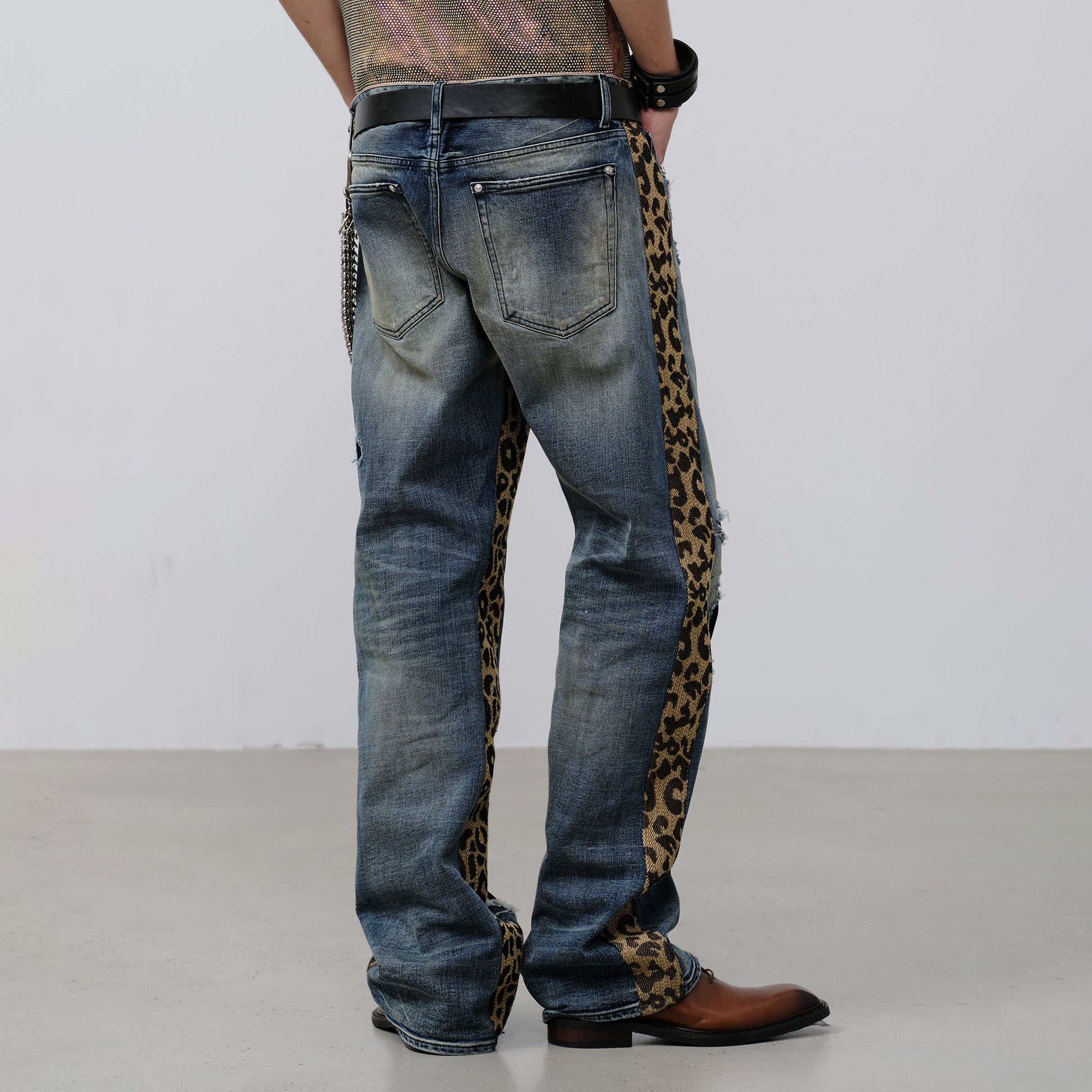 FACEONLAB Leopard Panel Distressed Straight-Leg Jeans-Jeans-M (preorder)-Free Shipping Leatheretro