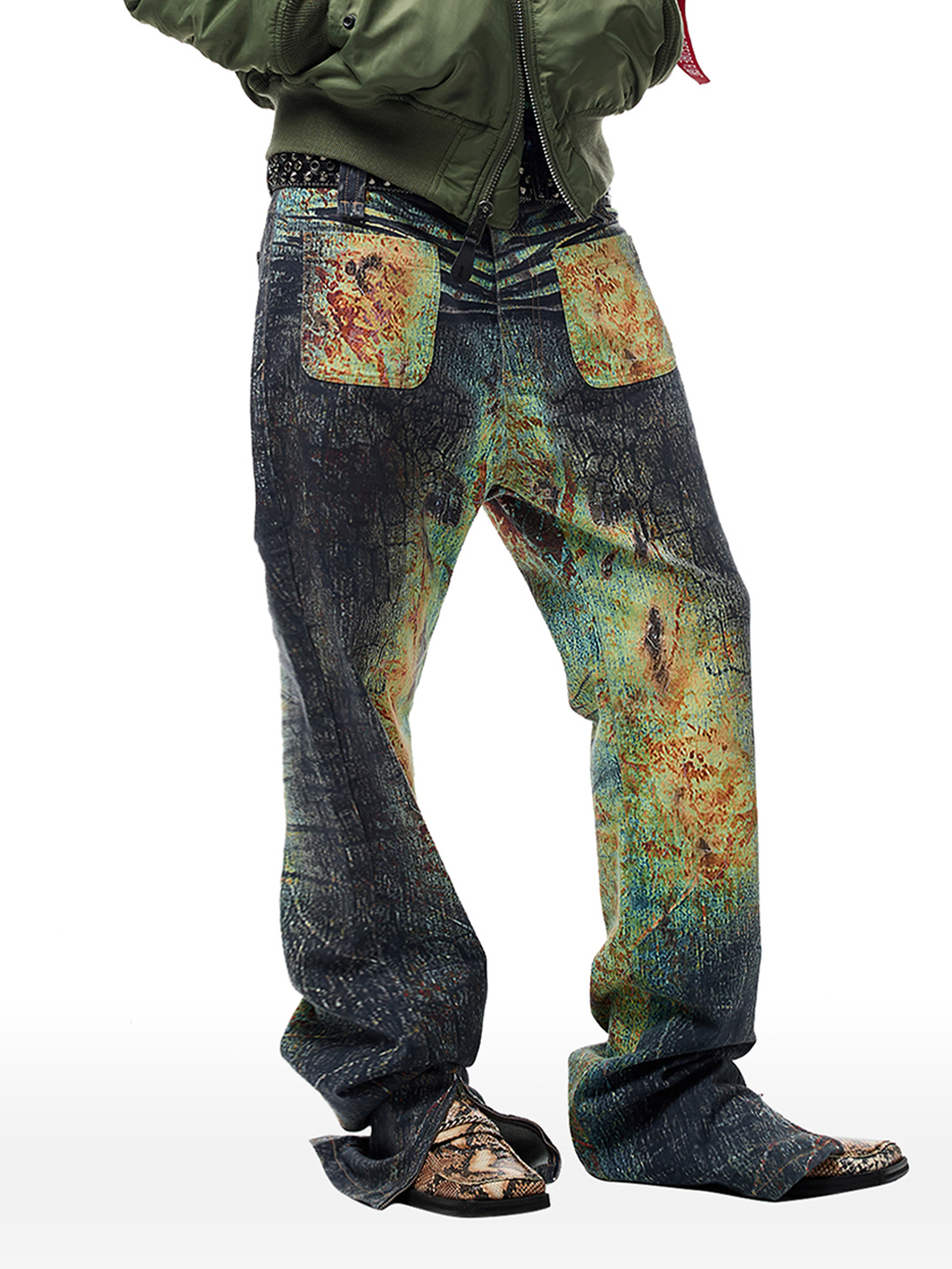 CYCYCY Iridescent Croc Full-Print Slim Flared Jeans-Jeans-XXS / 27"-Free Shipping Leatheretro