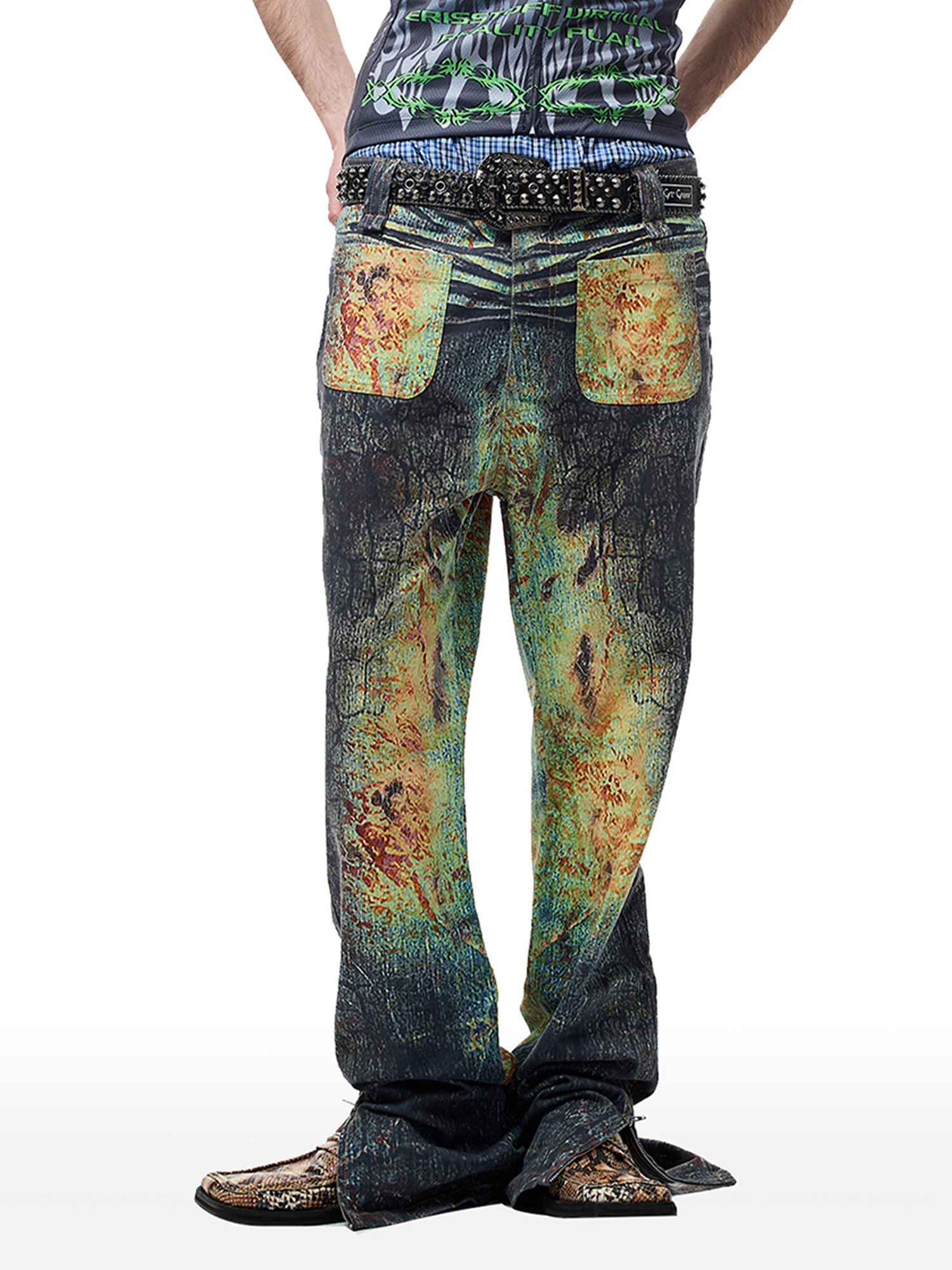 CYCYCY Iridescent Croc Full-Print Slim Flared Jeans-Jeans-XXS / 27"-Free Shipping Leatheretro