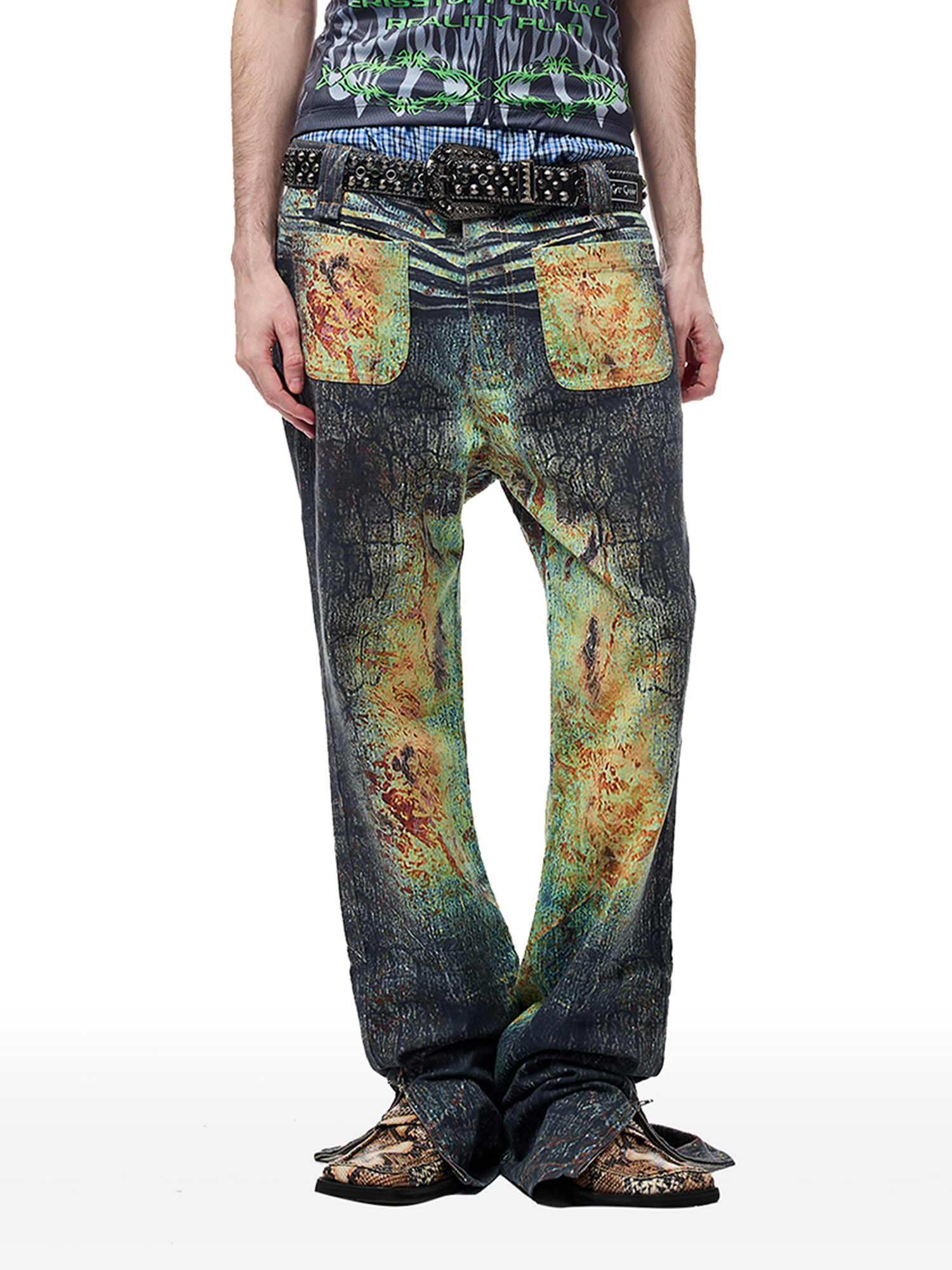 CYCYCY Iridescent Croc Full-Print Slim Flared Jeans-Jeans-XXS / 27"-Free Shipping Leatheretro