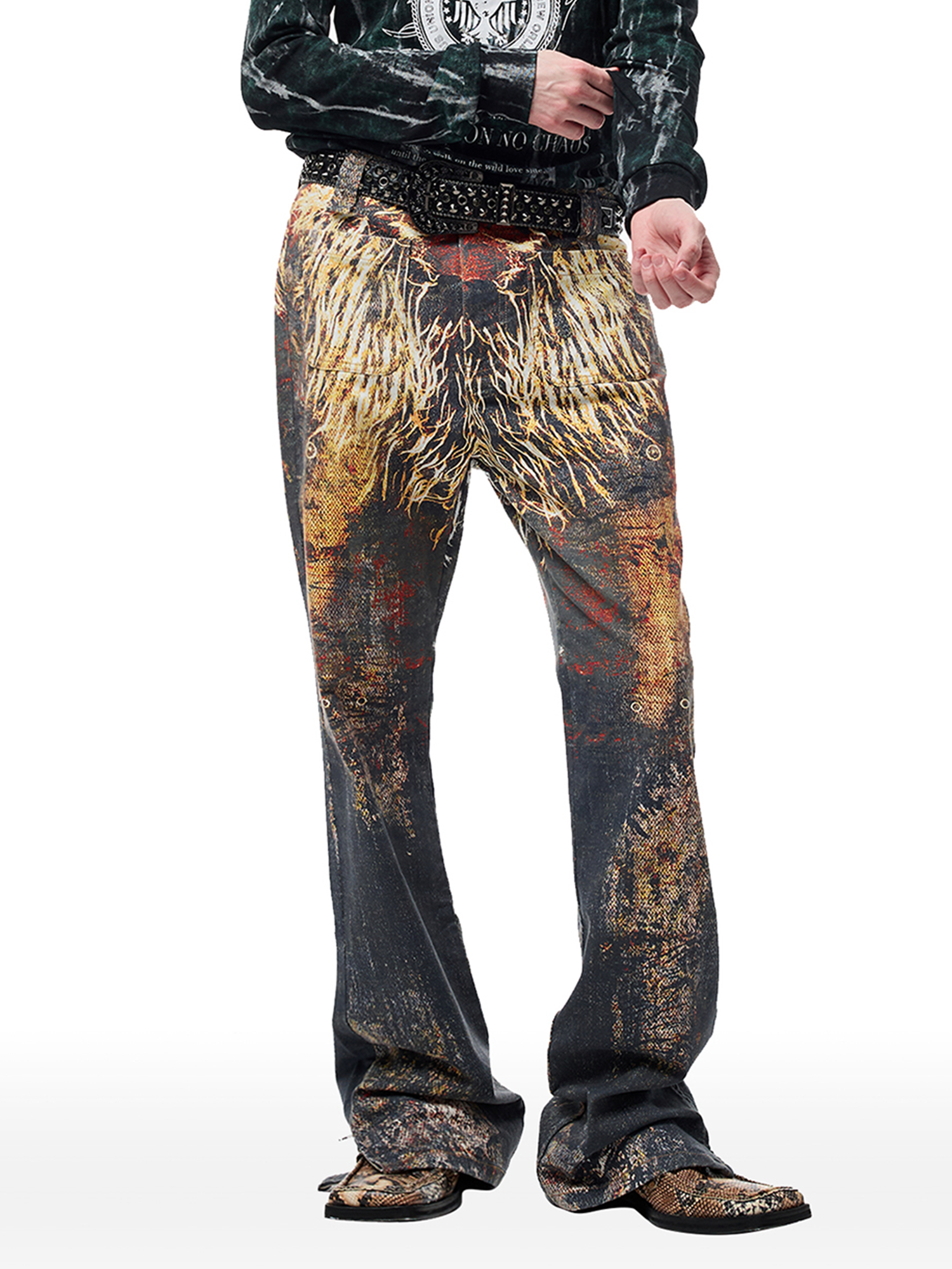 CYCYCY Feather Full-Print Slim Flared Jeans-Jeans-XXS / 27"-Free Shipping Leatheretro