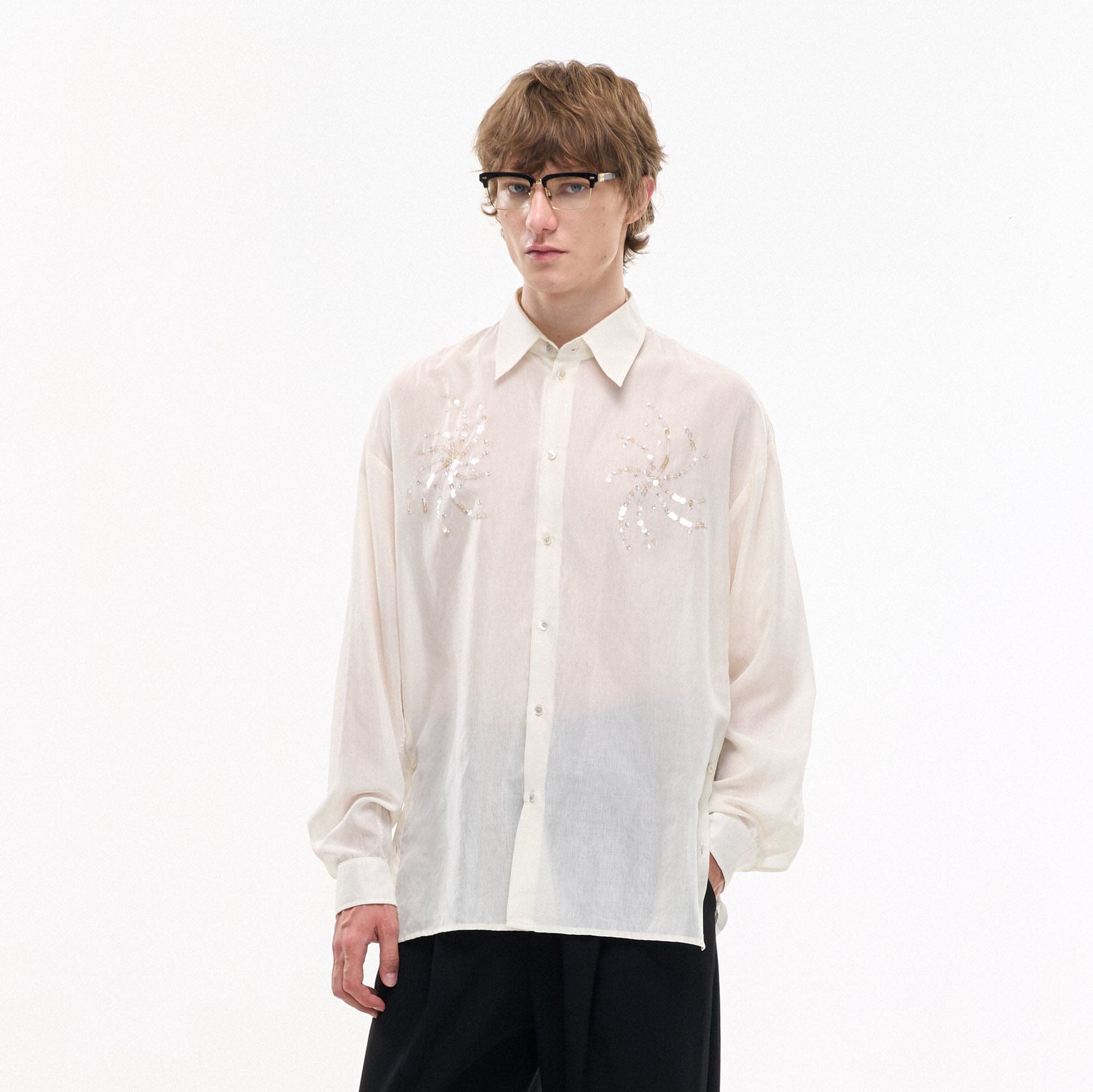 LEONSENSE Firework Embroidered Sequin Sheer Tencel Shirt-Shirt-S-Free Shipping Leatheretro