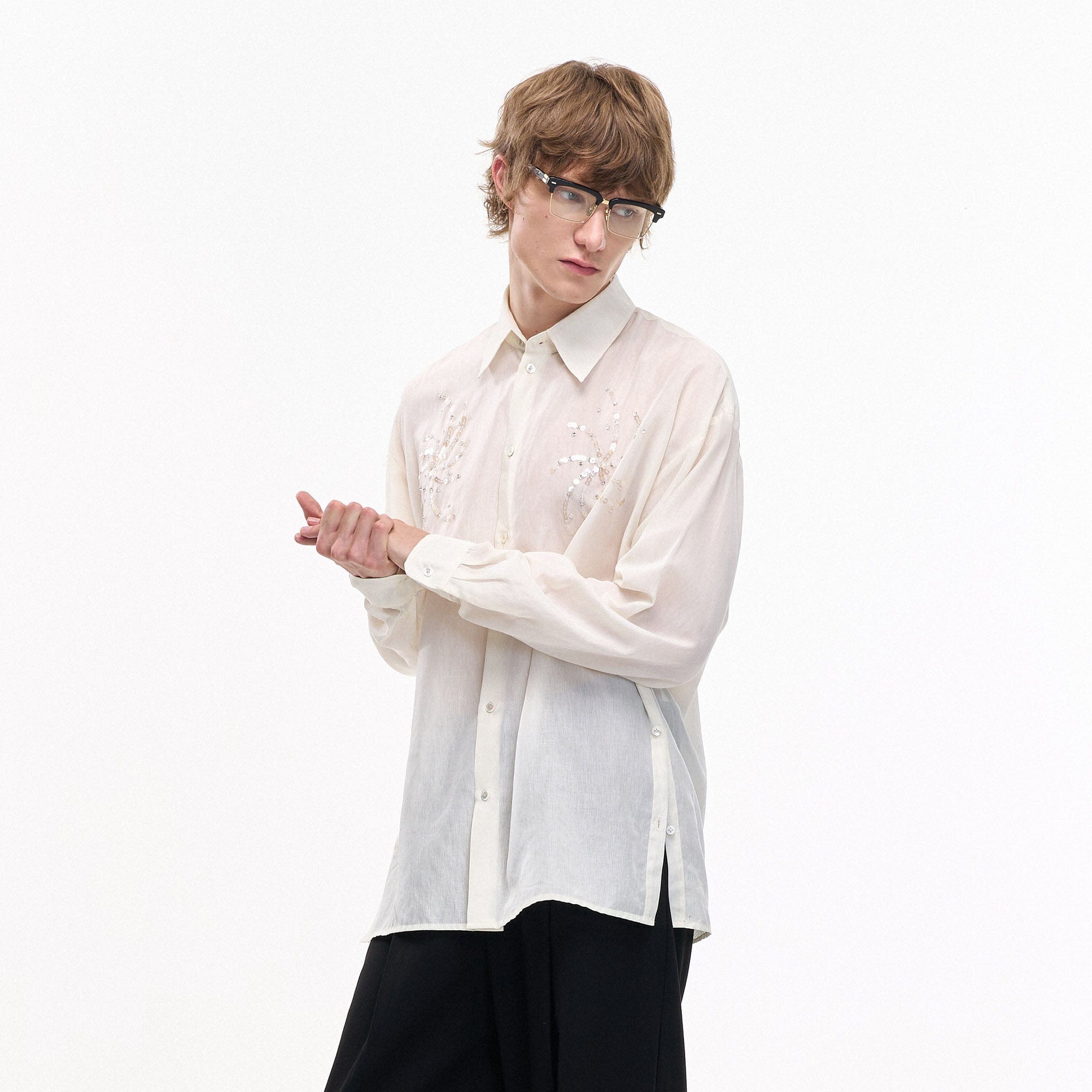 LEONSENSE Firework Embroidered Sequin Sheer Tencel Shirt-Shirt-S-Free Shipping Leatheretro