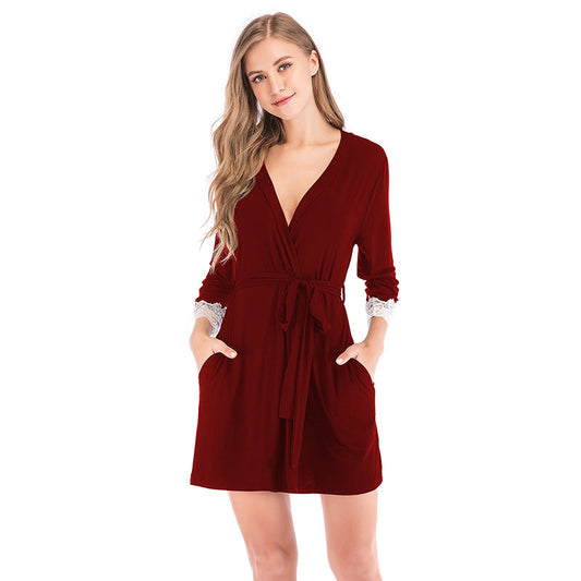 Women Comfortable Rompers Nightwear-Robes-Wine Red-S-Free Shipping Leatheretro