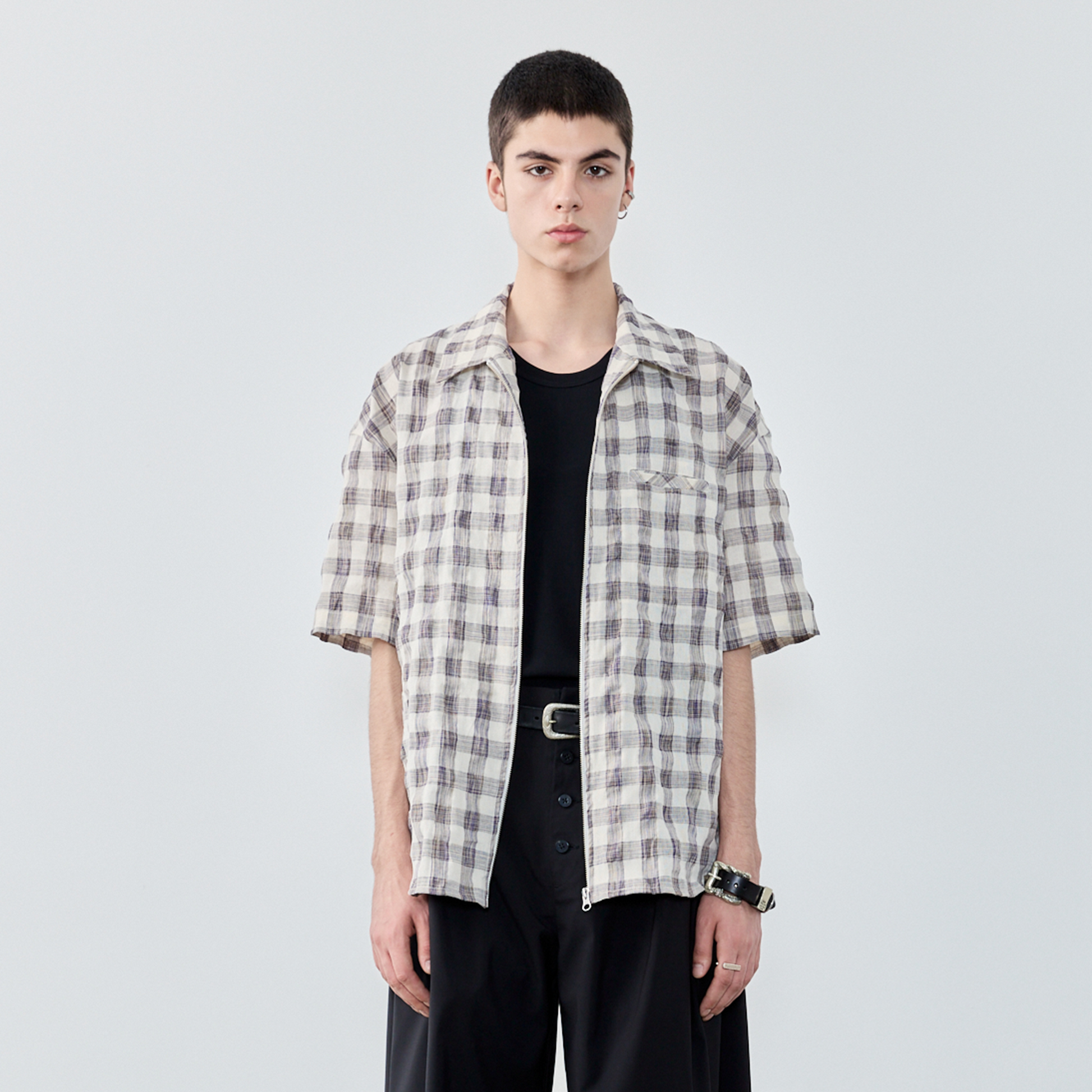 GRAINMUSTARD Retro Plaid Zip Half Shirt-Half shirt-XS-Free Shipping Leatheretro