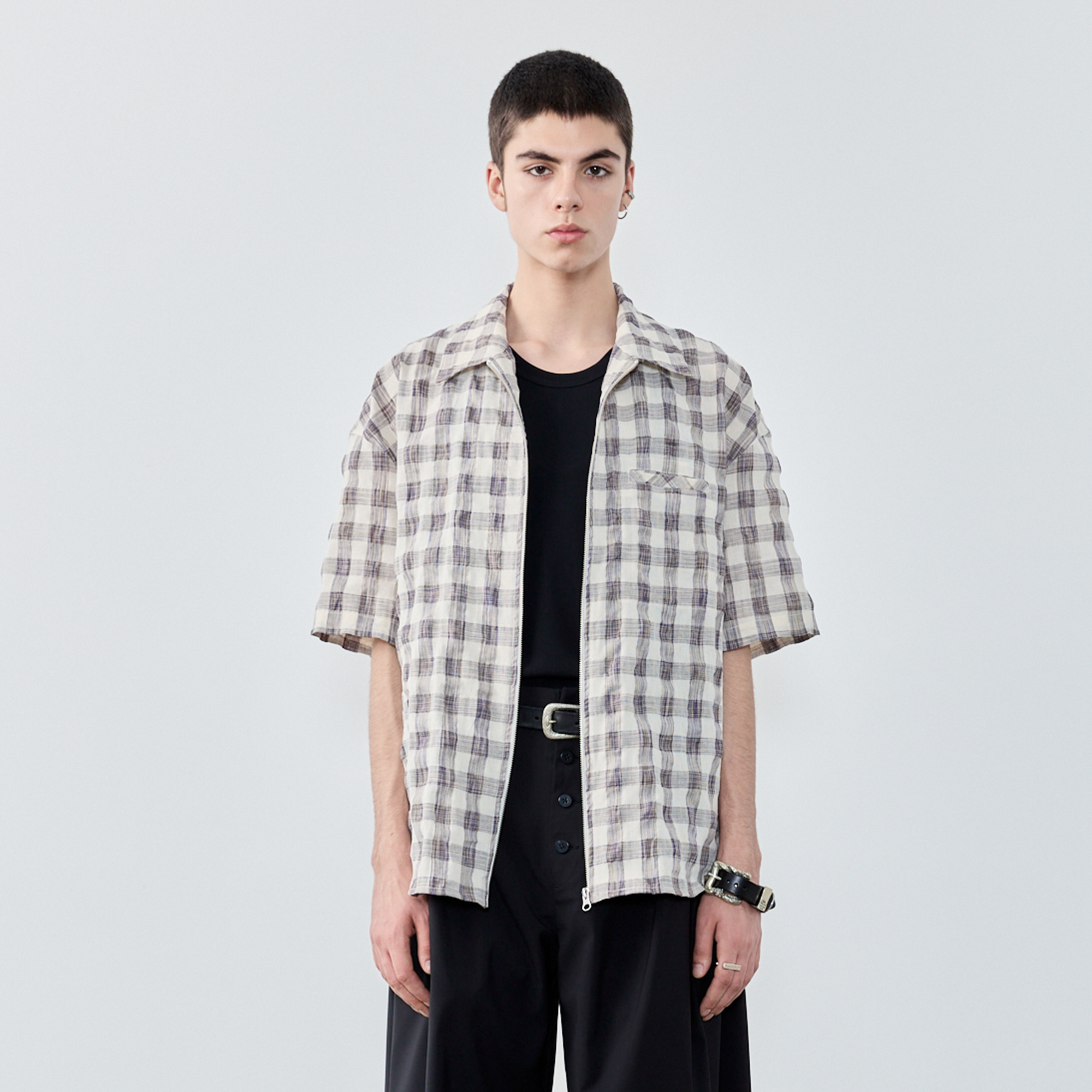 GRAINMUSTARD Retro Plaid Zip Half Shirt-Half shirt-XS-Free Shipping Leatheretro