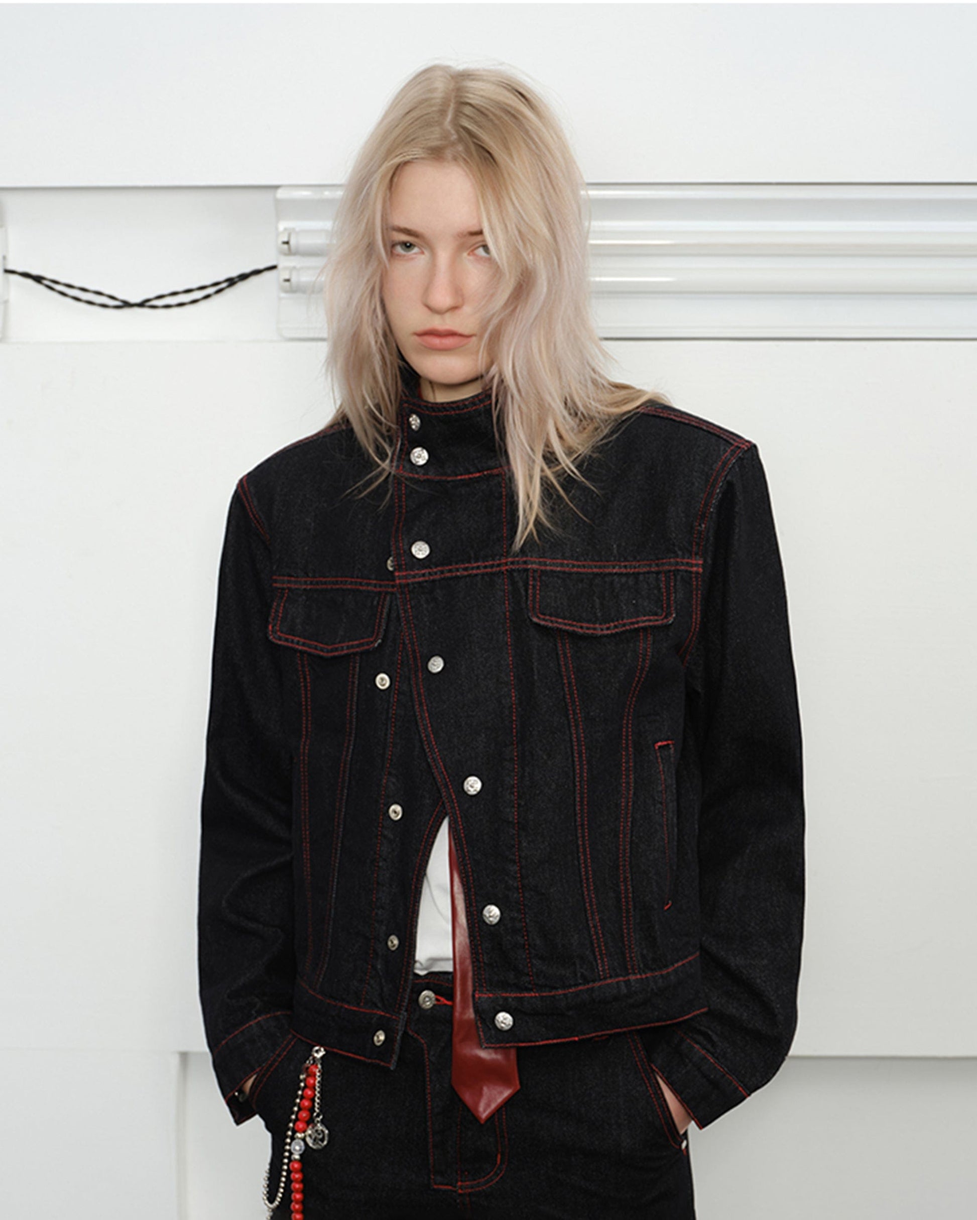 KREATE Asymmetrical Stand Collar Snap Jacket-Jacket-S-Blue-Free Shipping Leatheretro