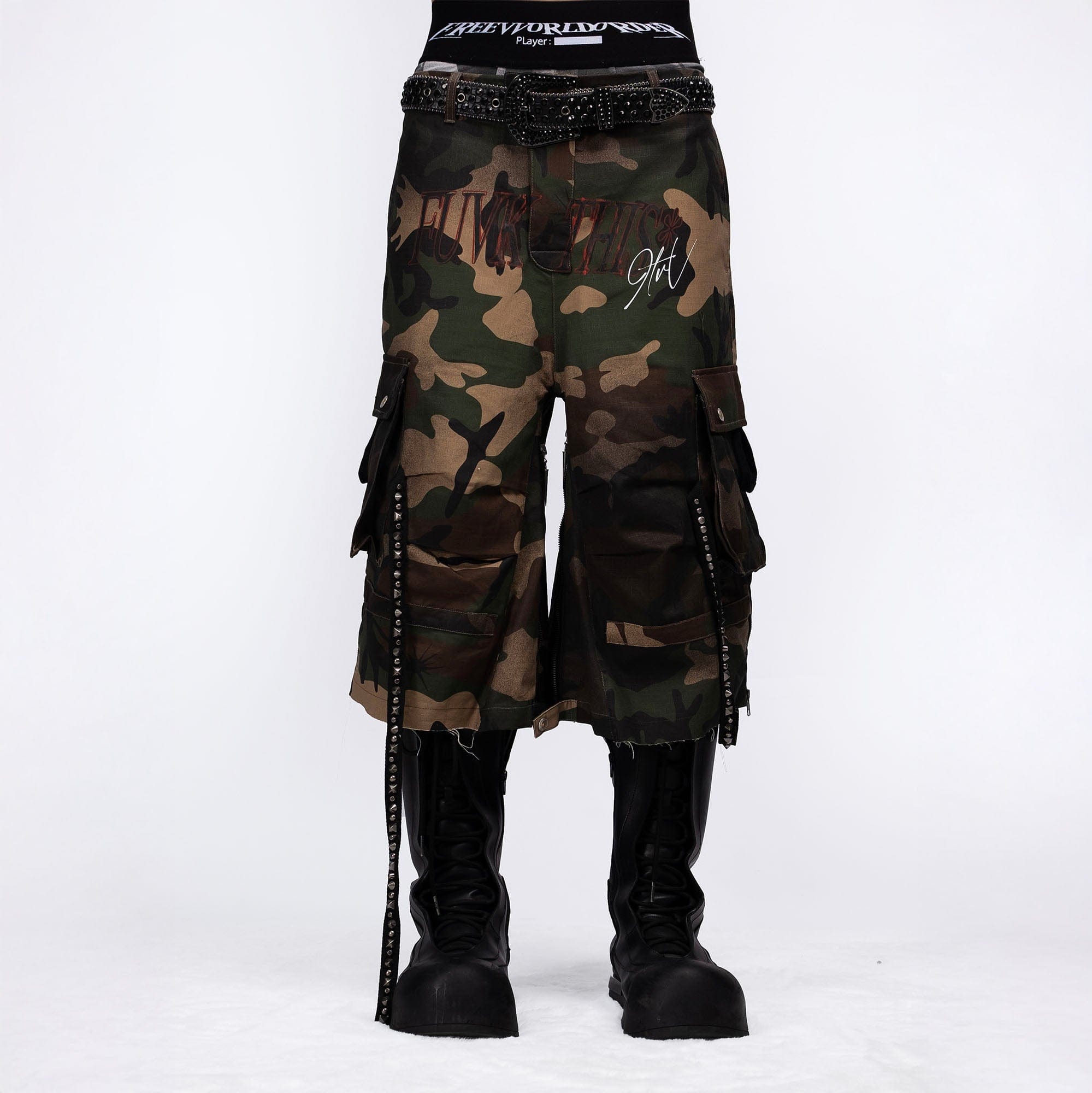 FVVO Distressed Rivet Strap Cargo Shorts Camo-Shorts-S-Dark Green-Free Shipping Leatheretro