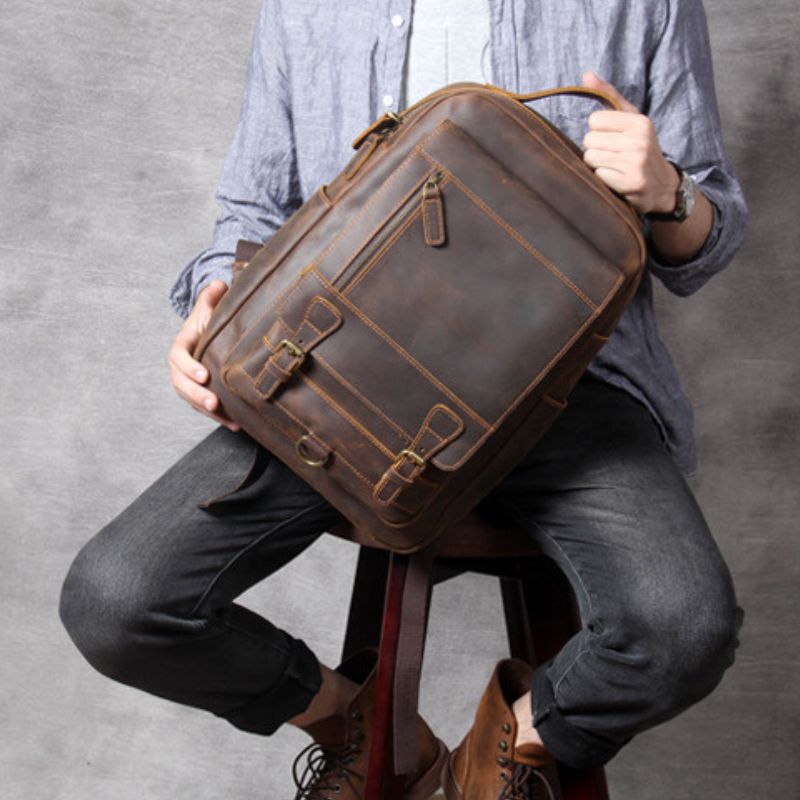 Crazy horse leather knapsack laptop backpack-Backpacks-Dark Coffee-Free Shipping Leatheretro