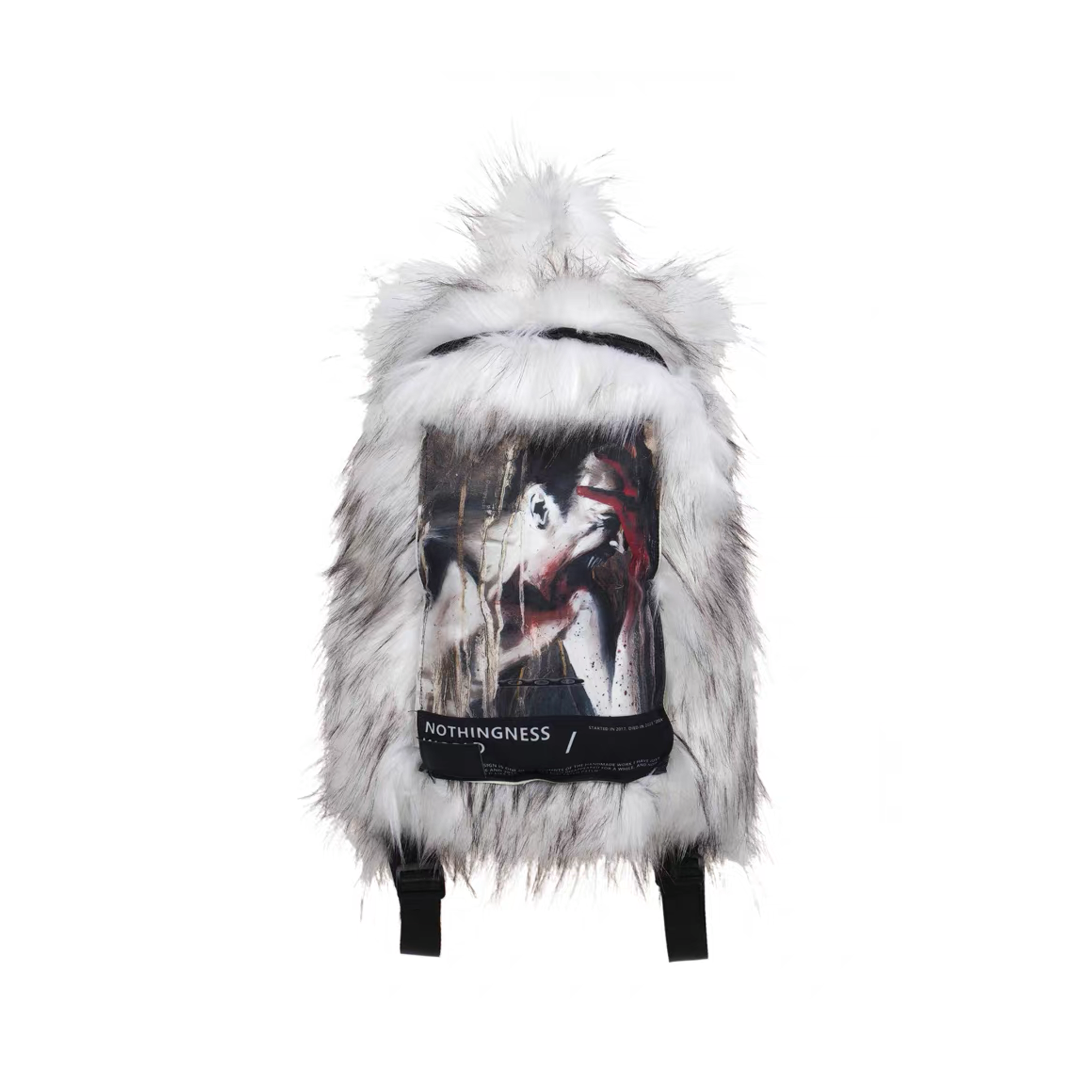 NOTHINGNESS WORLD Shaggy Faux Fur Graphic-Patch Backpack-Bag-White (Preorder)-Free Shipping Leatheretro