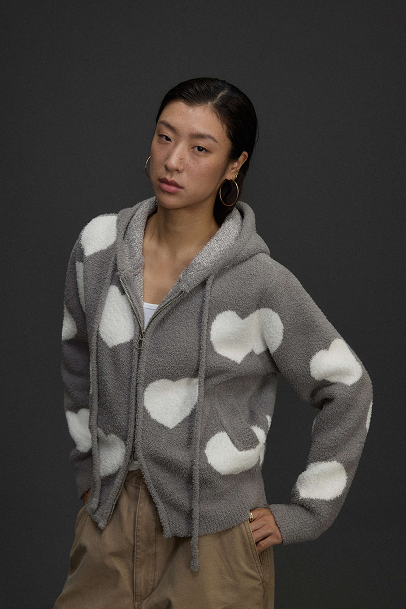 NIANJIUYIKOUER Fuzzy Heart Jacquard Zip-Up Hooded Cardigan-Jacket-XS-Free Shipping Leatheretro