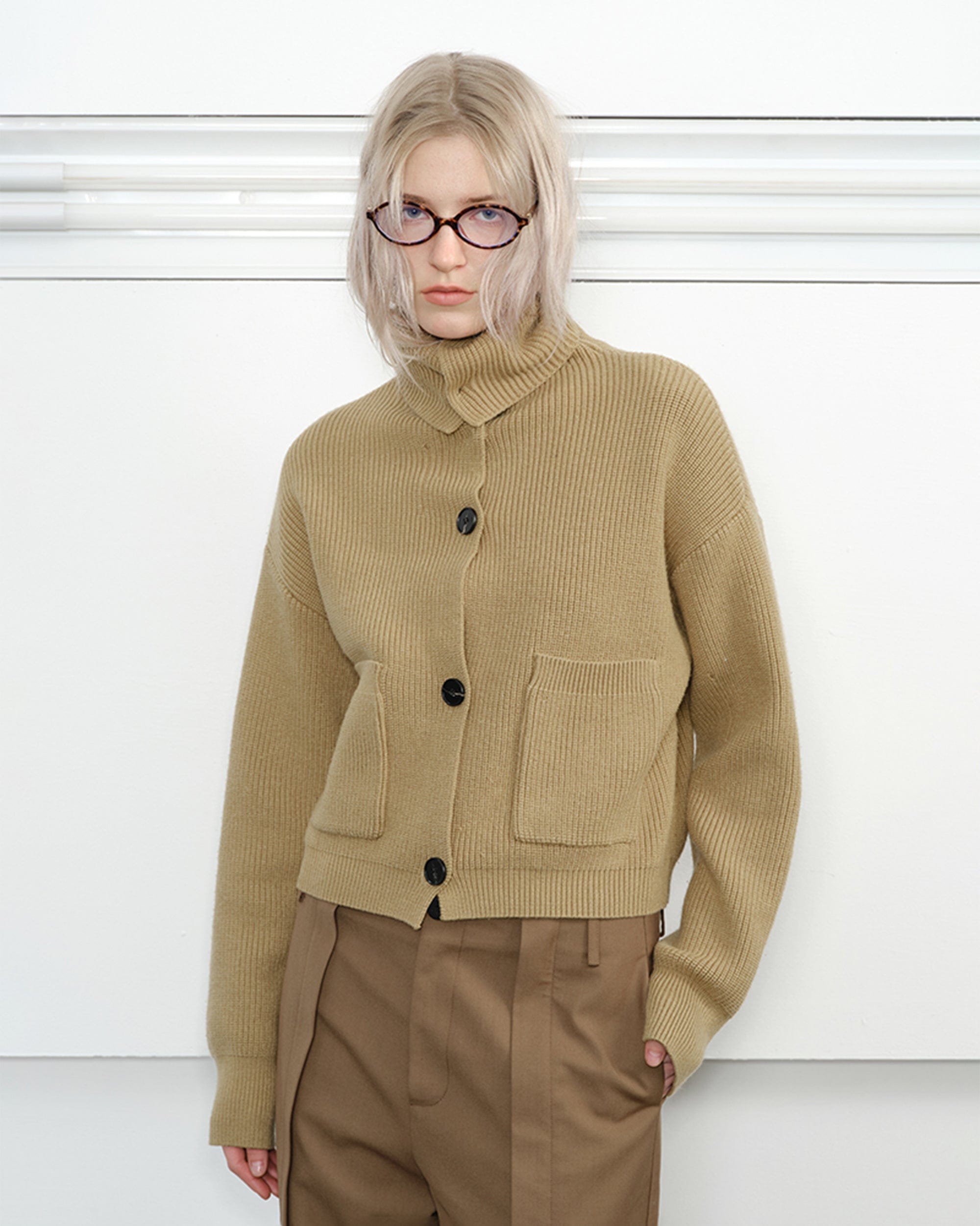 KREATE High-Collar Big-Pocket Button-Up Knitted Jacket-Jacket-S-Green-Free Shipping Leatheretro