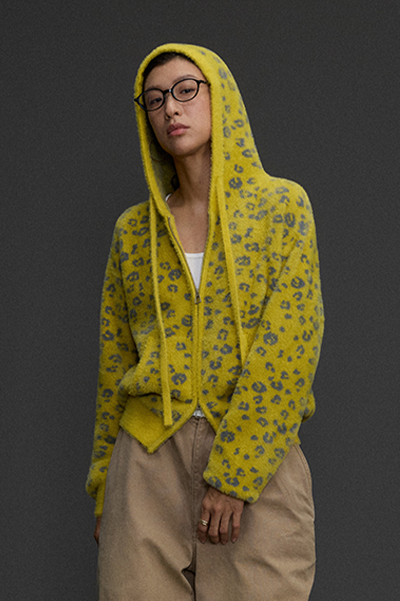 NIANJIUYIKOUER Fuzzy Leopard Jacquard Zip-Up Hooded Cardigan-Jacket-XS-Free Shipping Leatheretro