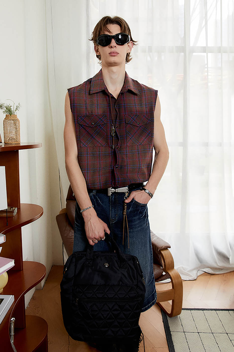 KREATE Distressed Plaid Vest-T Shirt-S-Blue-Free Shipping Leatheretro