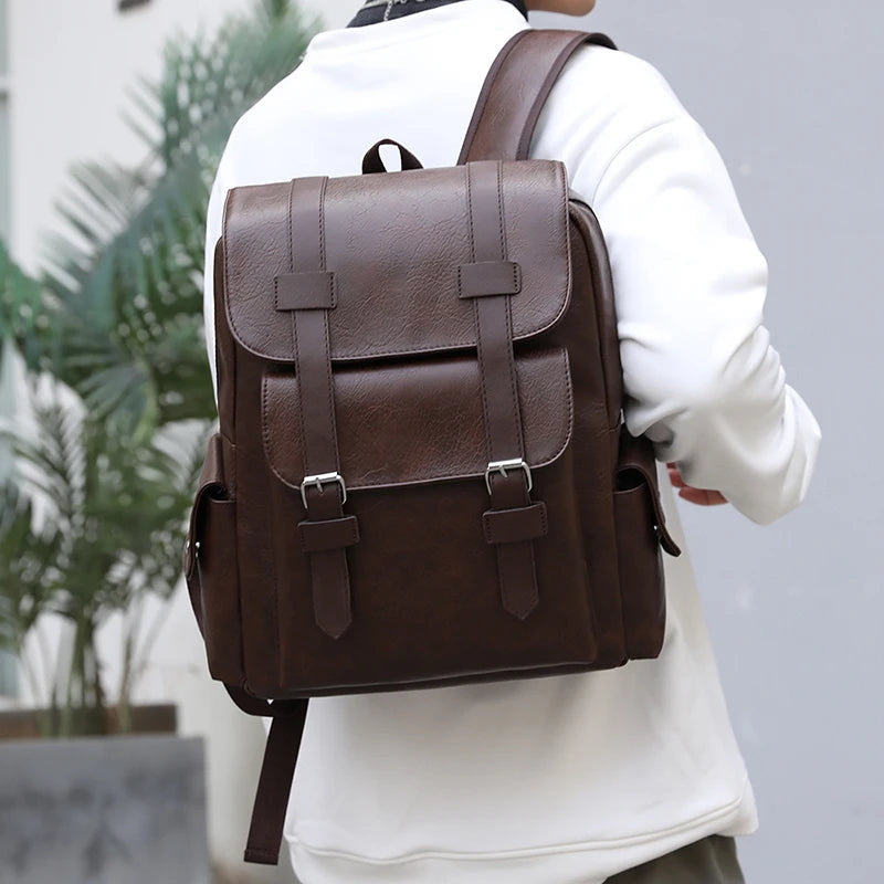 Stylish Men’s PU Leather Laptop Backpack – Large Capacity School & Travel Bag-Backpacks-Black-Free Shipping Leatheretro