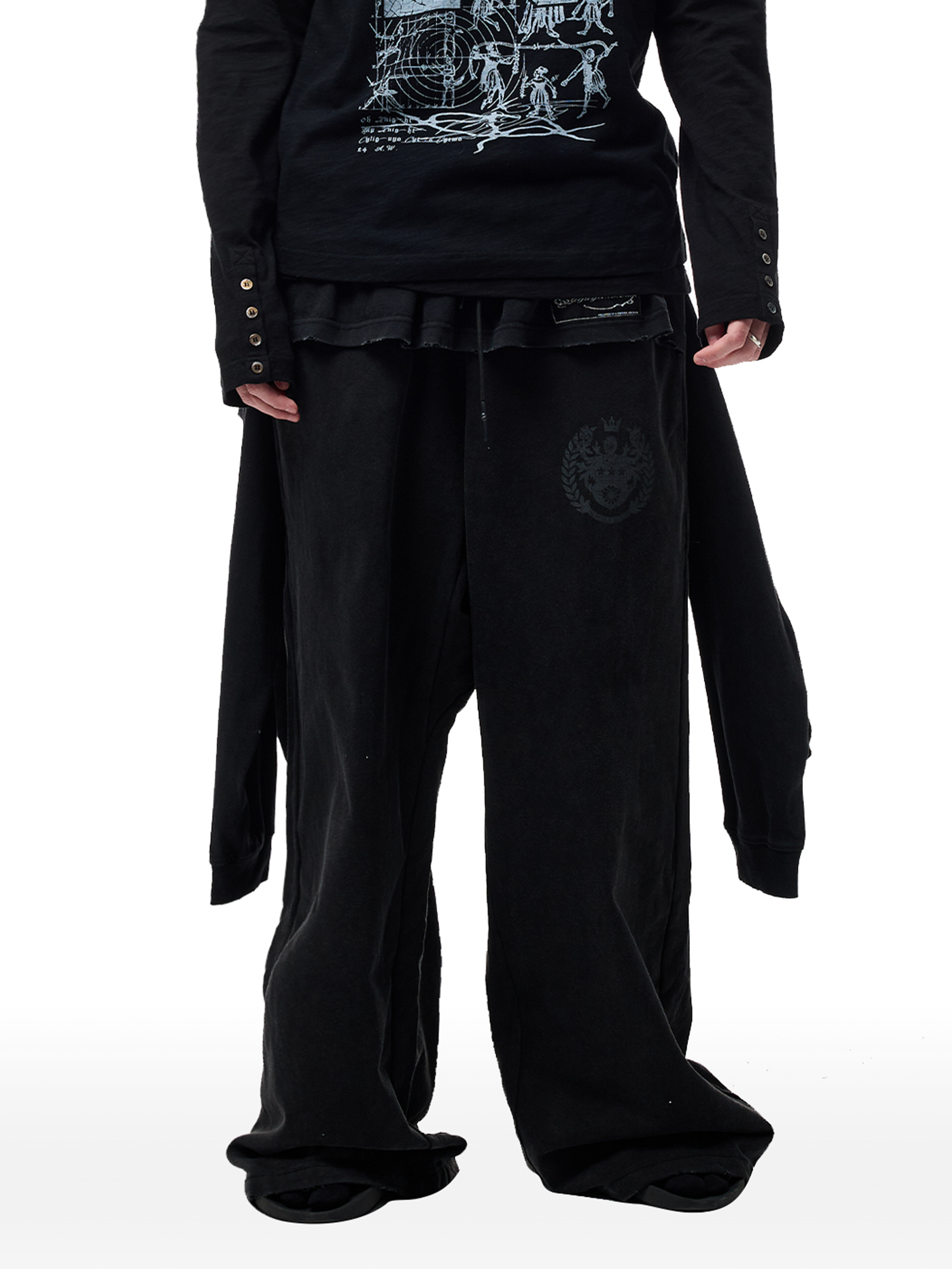 CYCYCY Layered Raw Edge Wide-Leg Sweatpants Black-Pants-S /23"-Free Shipping Leatheretro