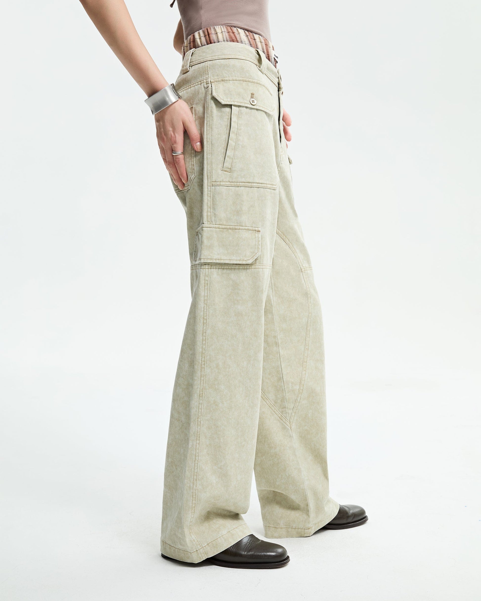 ORGANIC EMOTION Deconstructed Layered-pocket Button Pants-Pants-Apricot-XS-Free Shipping Leatheretro
