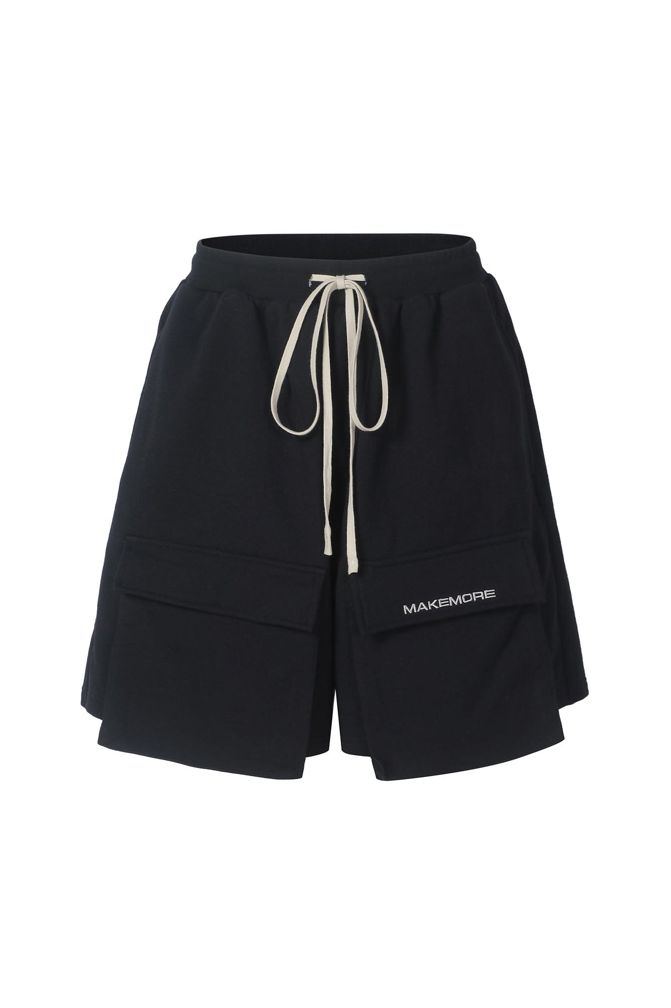 MAKEMORE Flap-Pocket Wide-Leg Drawstring Shorts-Shorts-S-Black-Free Shipping Leatheretro