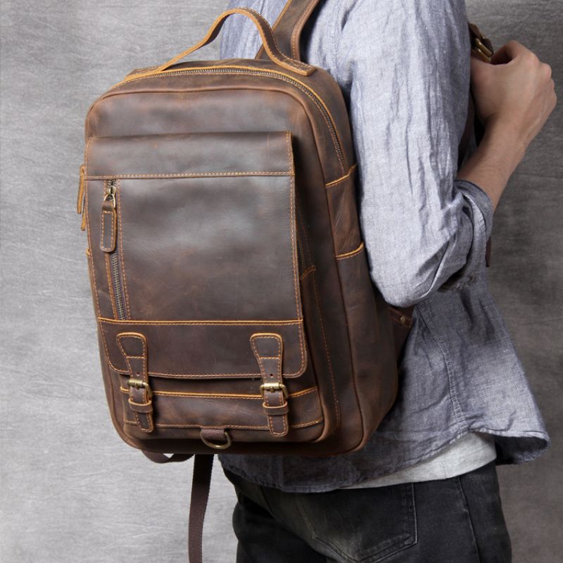 Crazy horse leather knapsack laptop backpack-Backpacks-Dark Coffee-Free Shipping Leatheretro