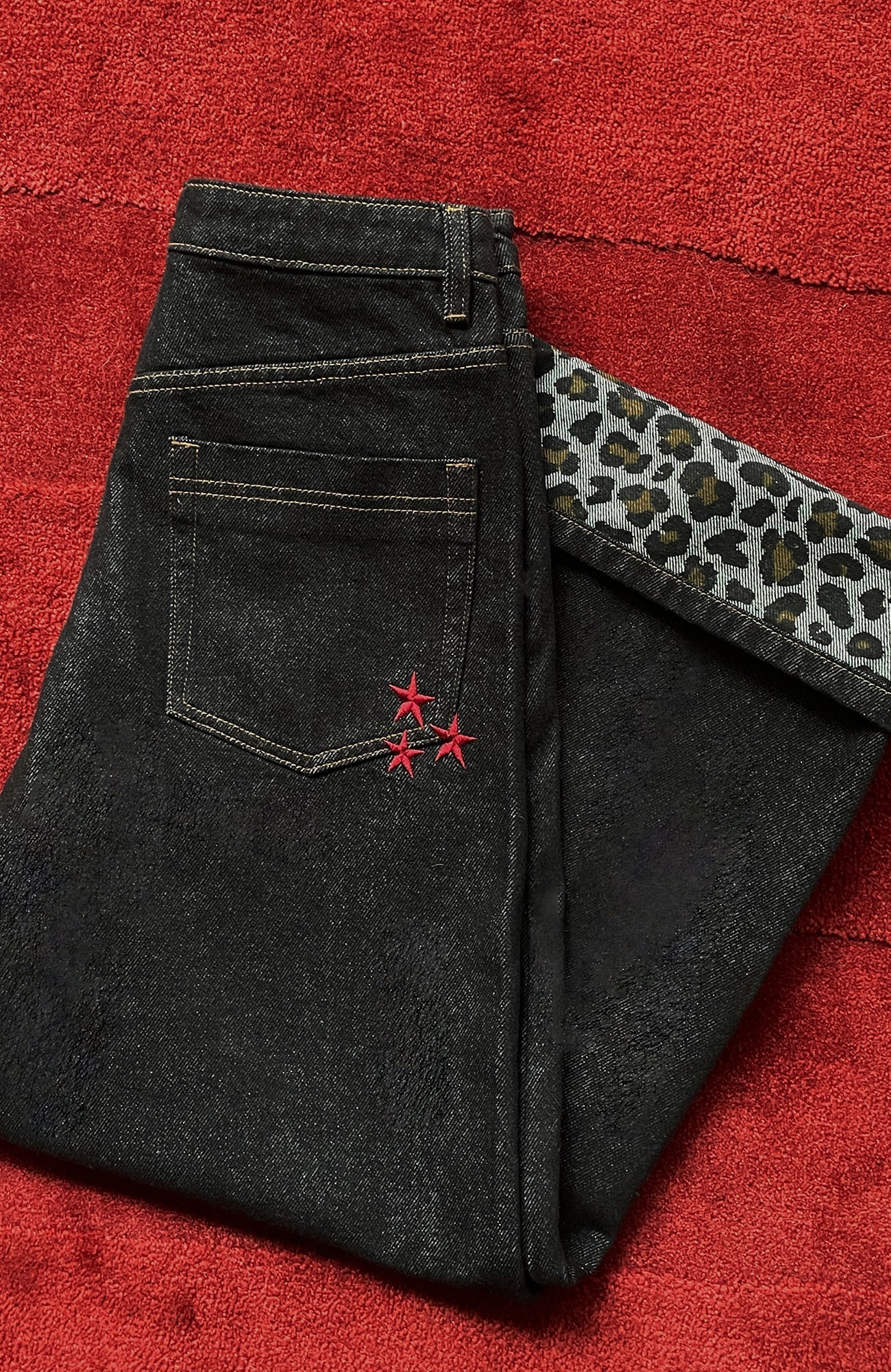 DONSMOKE Wide-Leg Star/ Leopard Cuffed Jeans-Pants-S (Preorder)-Black(Leopard)-Free Shipping Leatheretro