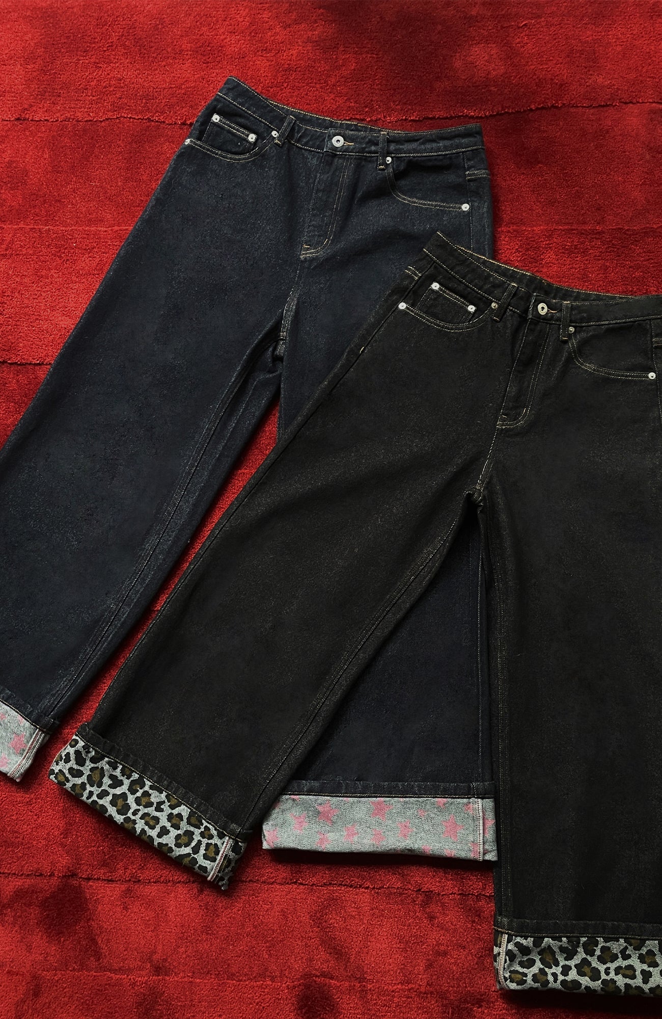 DONSMOKE Wide-Leg Star/ Leopard Cuffed Jeans-Pants-S (Preorder)-Black(Leopard)-Free Shipping Leatheretro