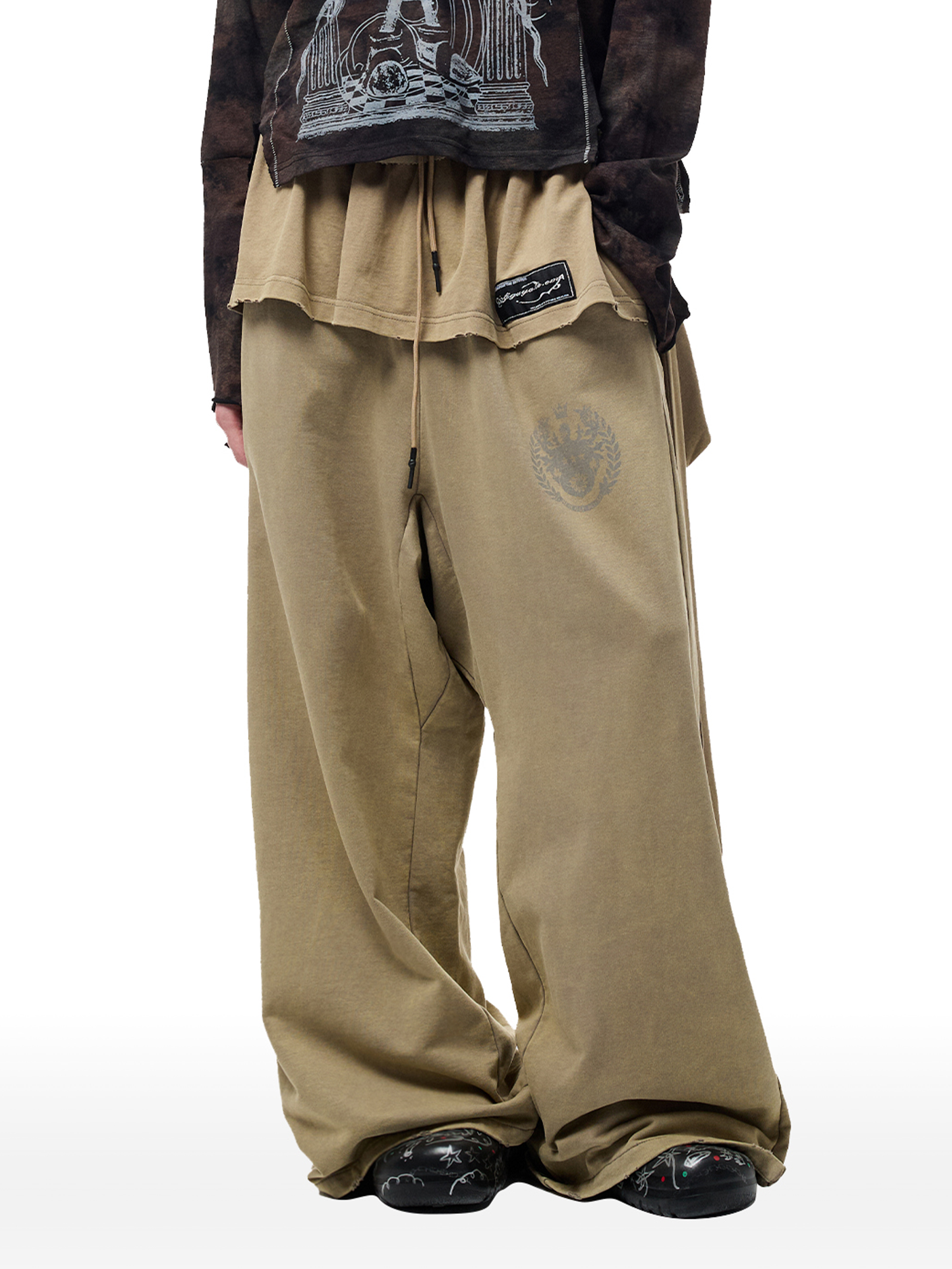 CYCYCY Layered Raw Edge Wide-Leg Sweatpants Khaki-Pants-S / 23"-Free Shipping Leatheretro