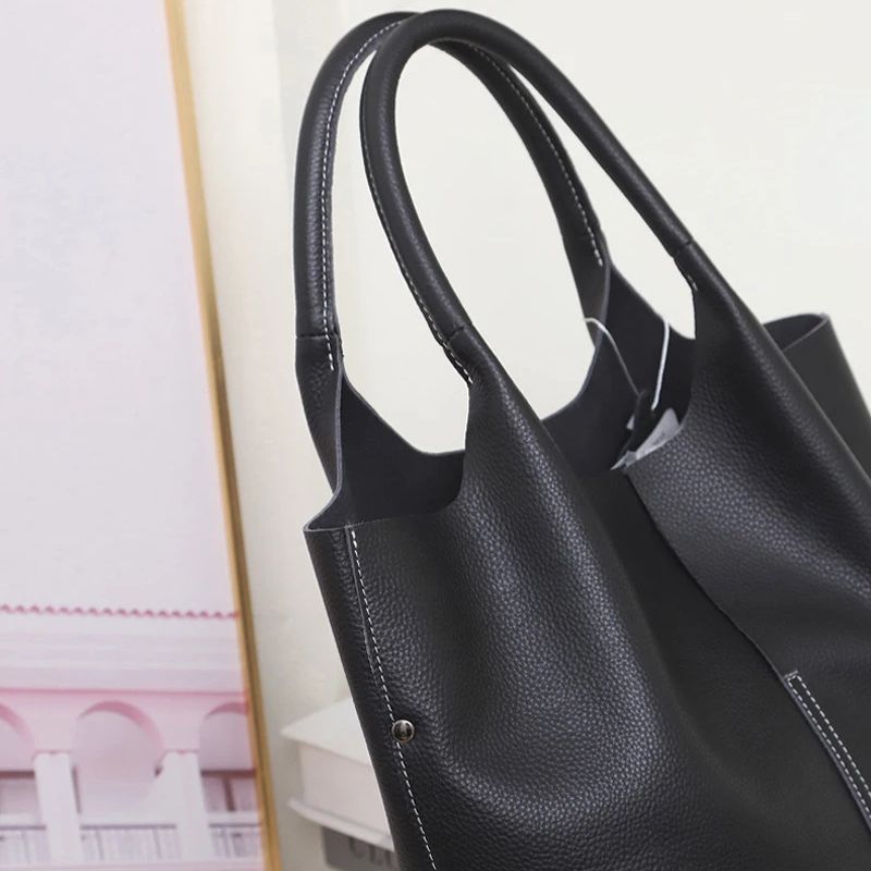 Real Leather Shopper Tote Bag-Tote Bag-Khaki-Free Shipping Leatheretro
