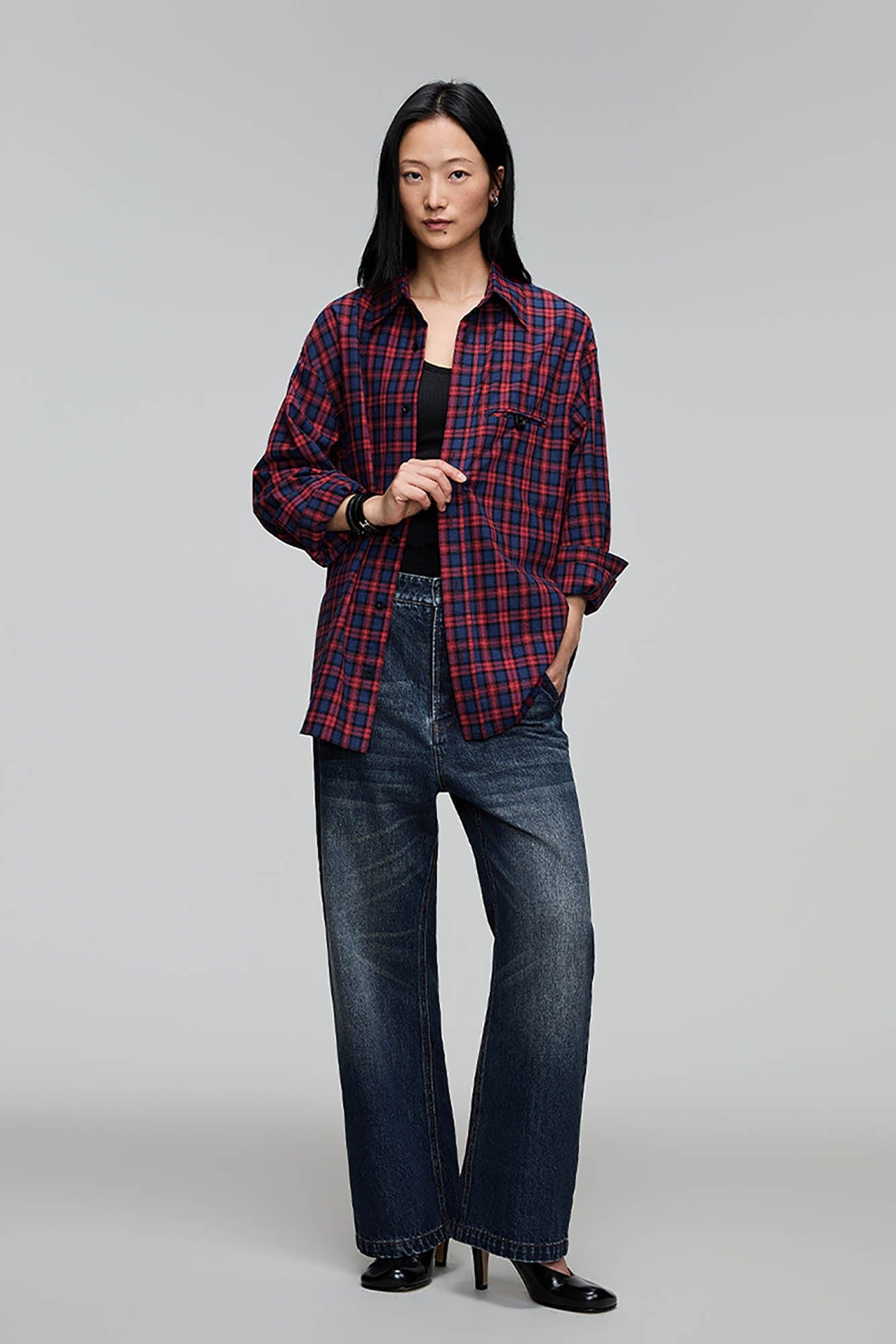 OPICLOTH Plaid Oversized Button-Up Shirt-Shirt-XS-Free Shipping Leatheretro