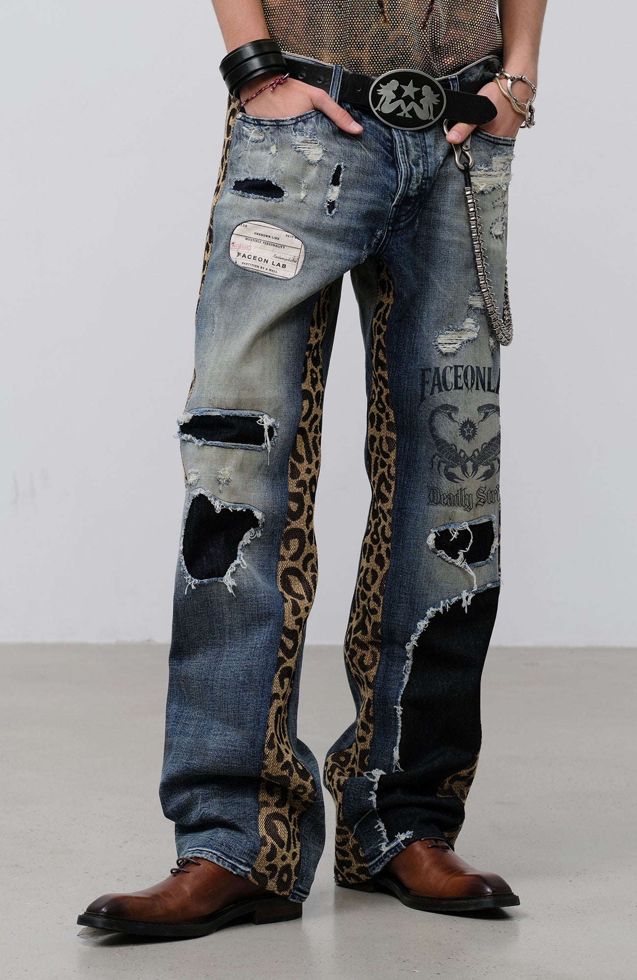 FACEONLAB Leopard Panel Distressed Straight-Leg Jeans-Jeans-M (preorder)-Free Shipping Leatheretro