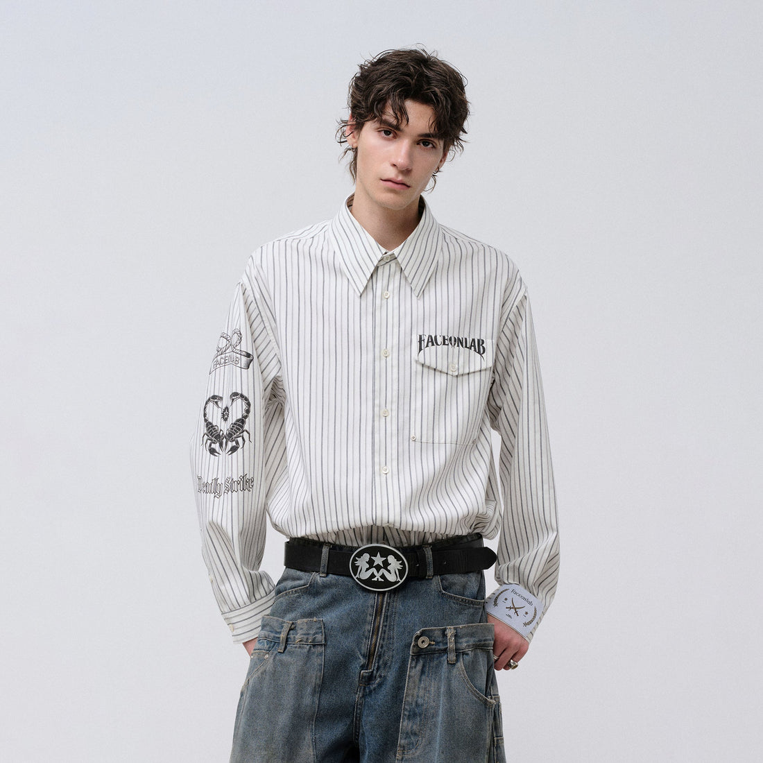 FACEONLAB Stripe Animal Graphic Relaxed Shirt White-Shirt-M-Free Shipping Leatheretro