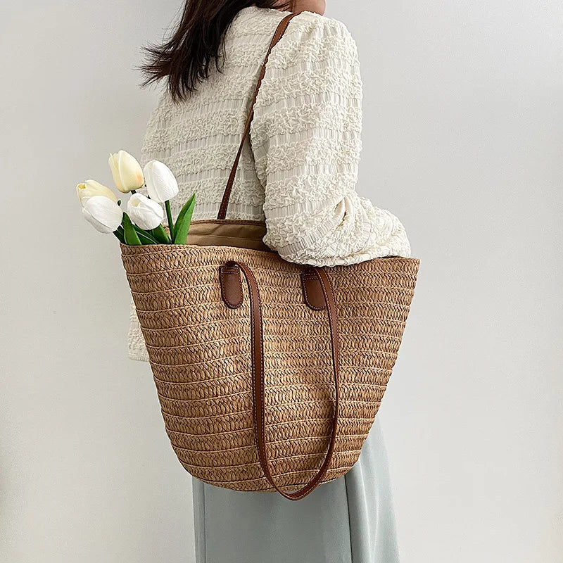 Luxury Designer Straw Tote Bag for Women-Tote Bag-Beige-Free Shipping Leatheretro
