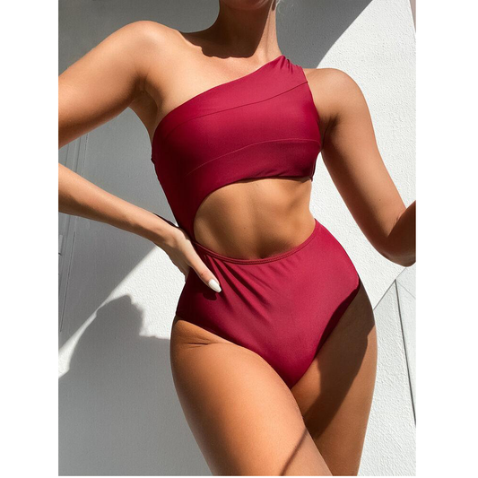 Sexy One Shoulder One Piece Monokini-Women Swimwear-Wine Red-S-Free Shipping Leatheretro