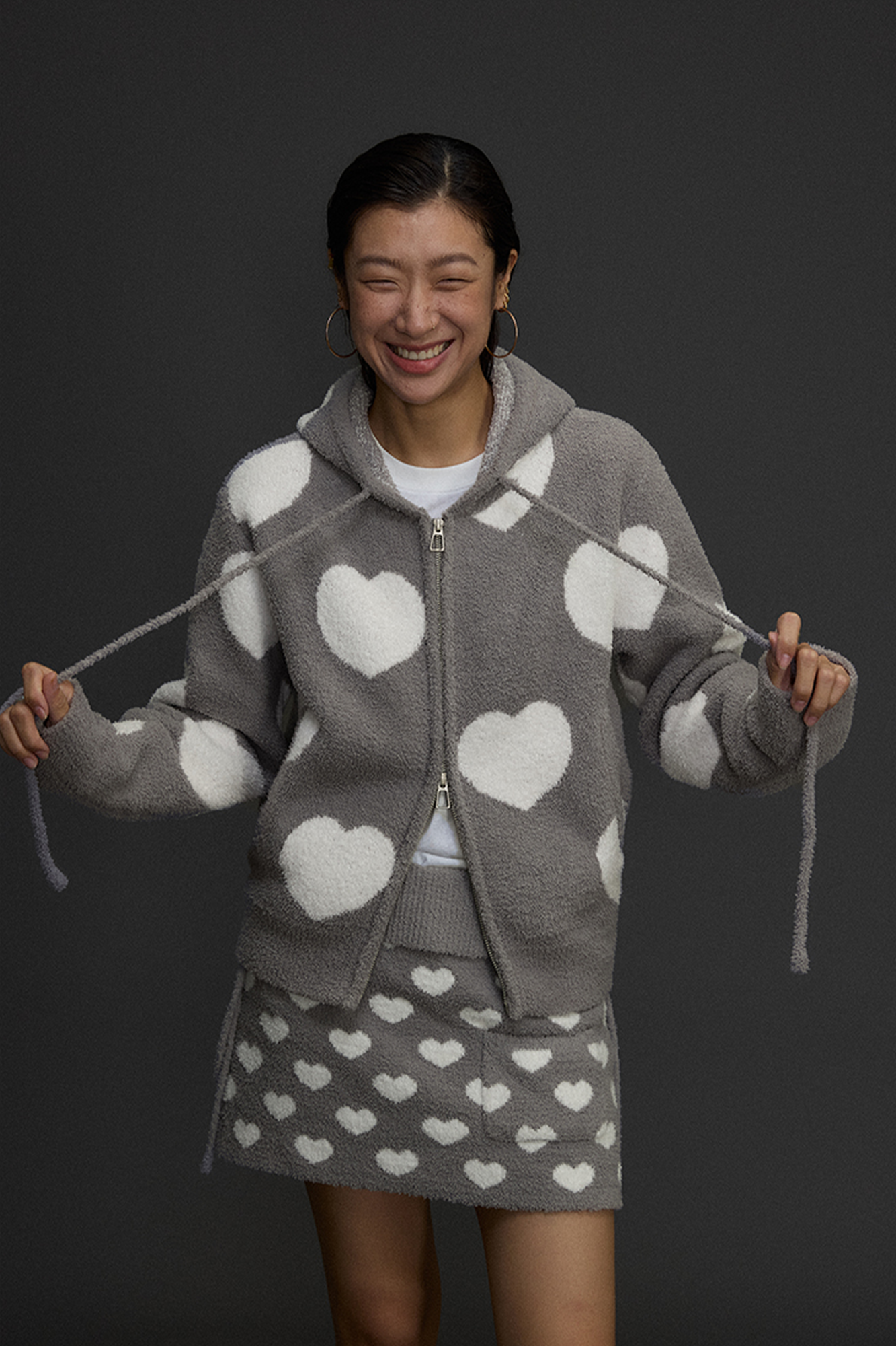 NIANJIUYIKOUER Fuzzy Heart Jacquard Zip-Up Hooded Cardigan-Jacket-XS-Free Shipping Leatheretro