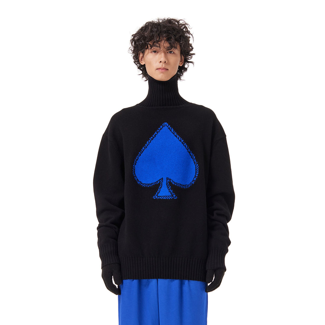 OUYANG WENJUN Contrast Spade Jacquard Turtleneck Sweater-Sweater-M-Blue-Free Shipping Leatheretro