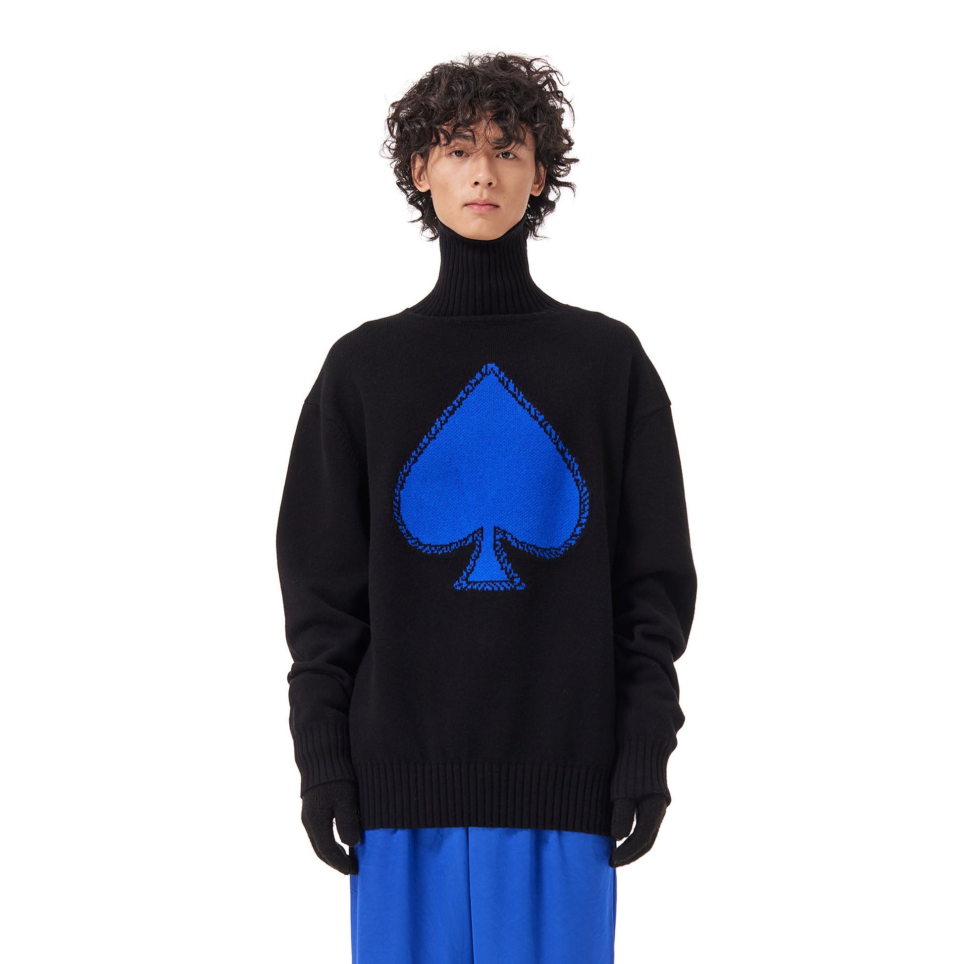 OUYANG WENJUN Contrast Spade Jacquard Turtleneck Sweater-Sweater-M-Black-Free Shipping Leatheretro