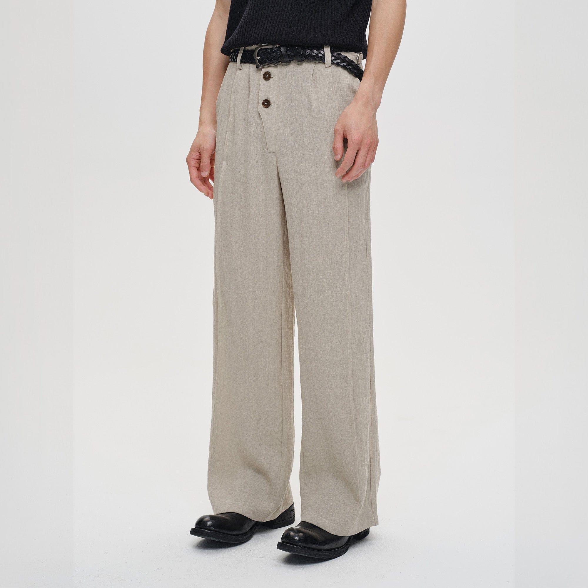 CATSSTAC Linen-Tencel Pleated Straight-Leg Trousers-Pants-Black-M-Free Shipping Leatheretro