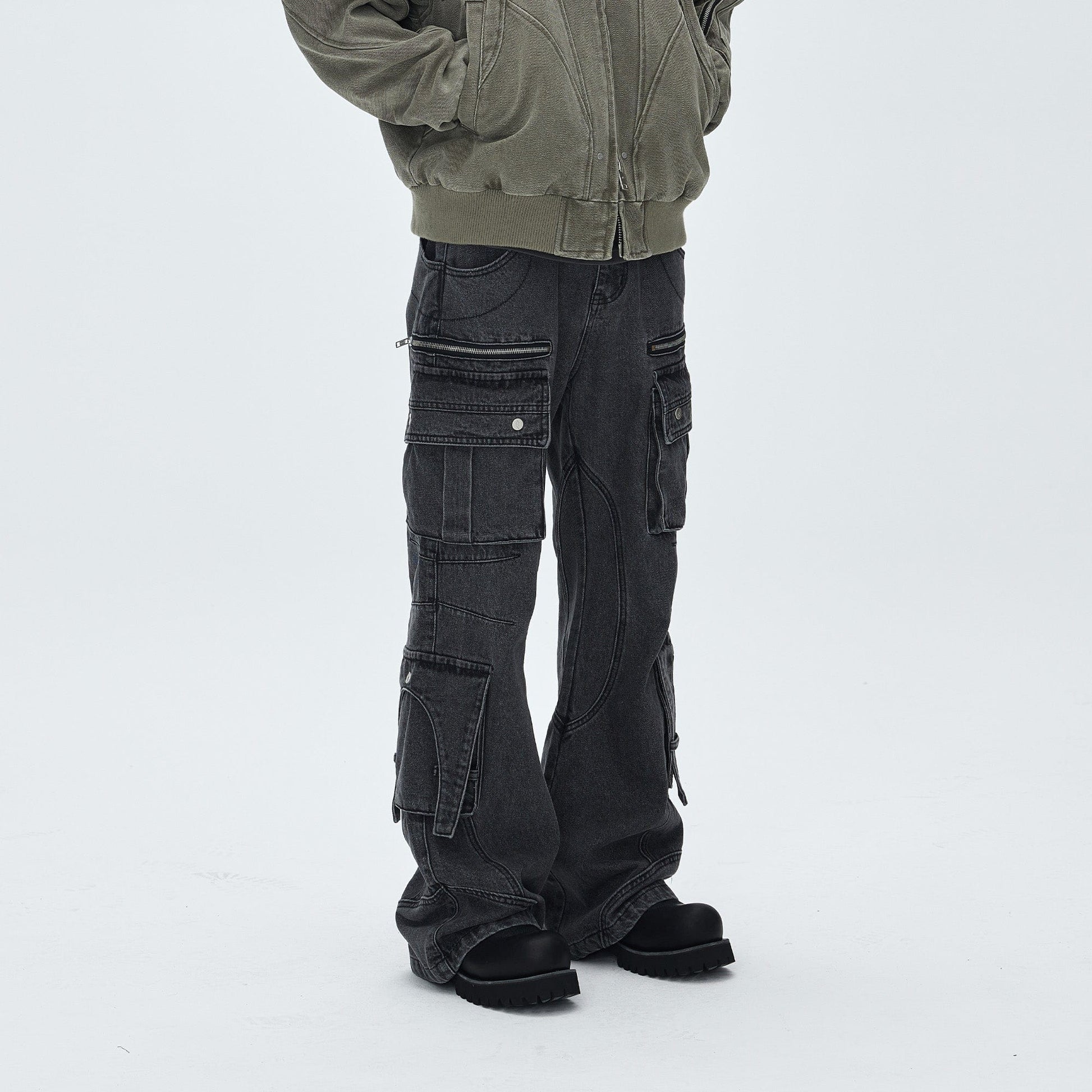 CATSSTAC Washed Multi-Pocket Utility Straight-Leg Jeans-Jeans-Gray-M-Free Shipping Leatheretro