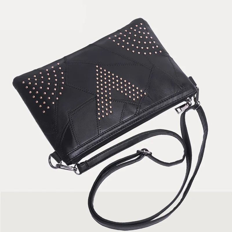 Women’s Black Rivet Shoulder Bag – Small Crossbody Messenger Handbag-Handbags-Black-Free Shipping Leatheretro