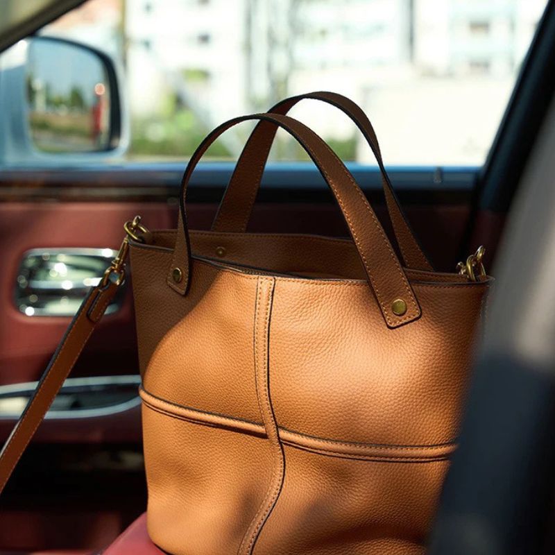 Genuine Leather Large Capacity Bucket Shoulder Bag-Handbags-Brown-Free Shipping Leatheretro