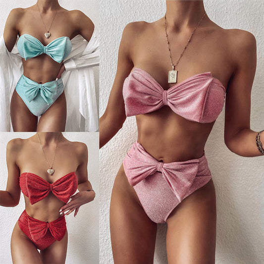 Sexy Bowknot Two Pieces Bikini Swimsuits-Swimwear-Pink-S-Free Shipping Leatheretro