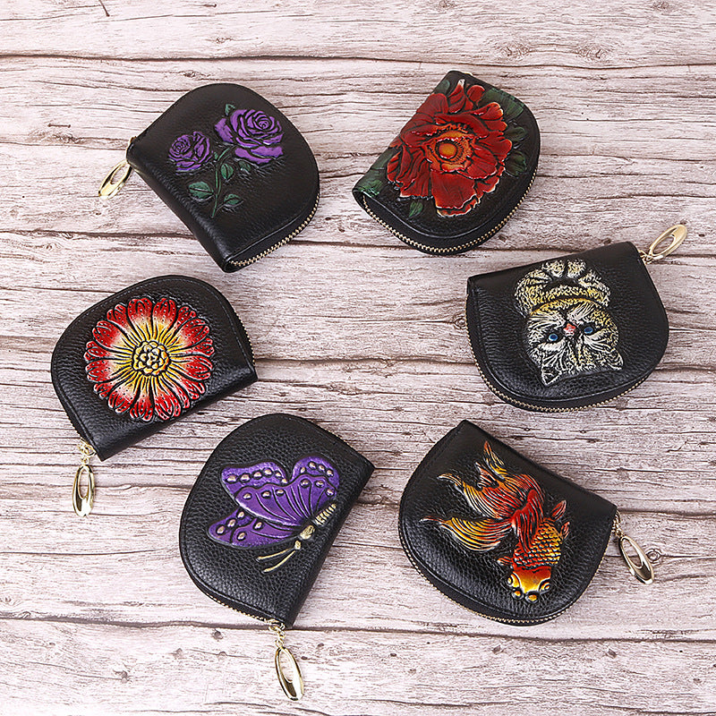 Full-Grain Leather Women’s Multi-Functional Large Capacity Coin Purse-Handbags, Wallets & Cases-Gold Fish-Free Shipping Leatheretro