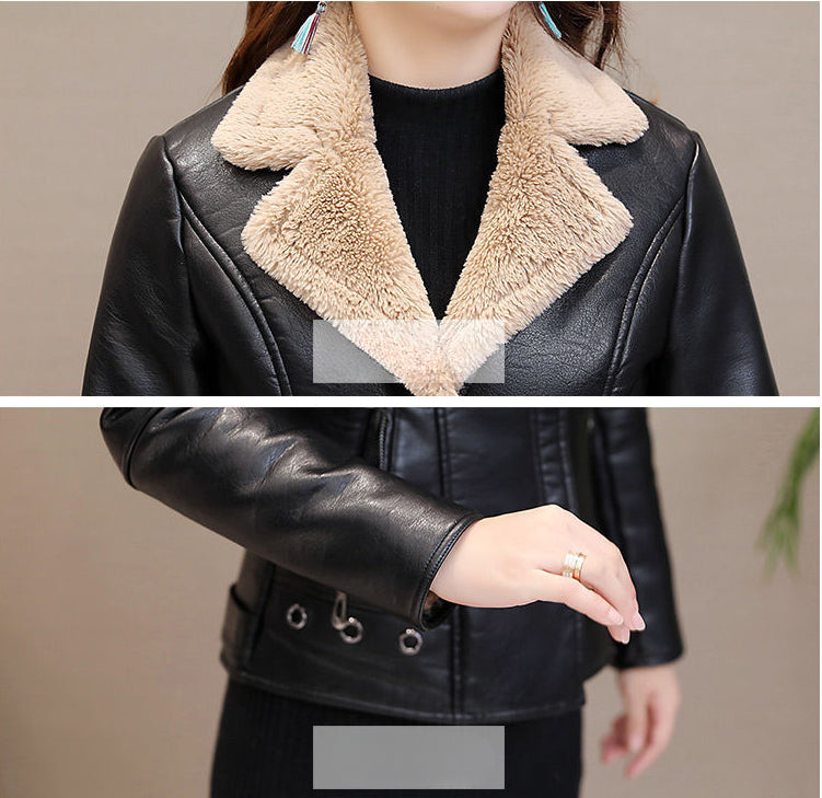 Women's Winter Faux Leather Jacket Thickened Faux Fur Lined-Gray-M-Free Shipping Leatheretro