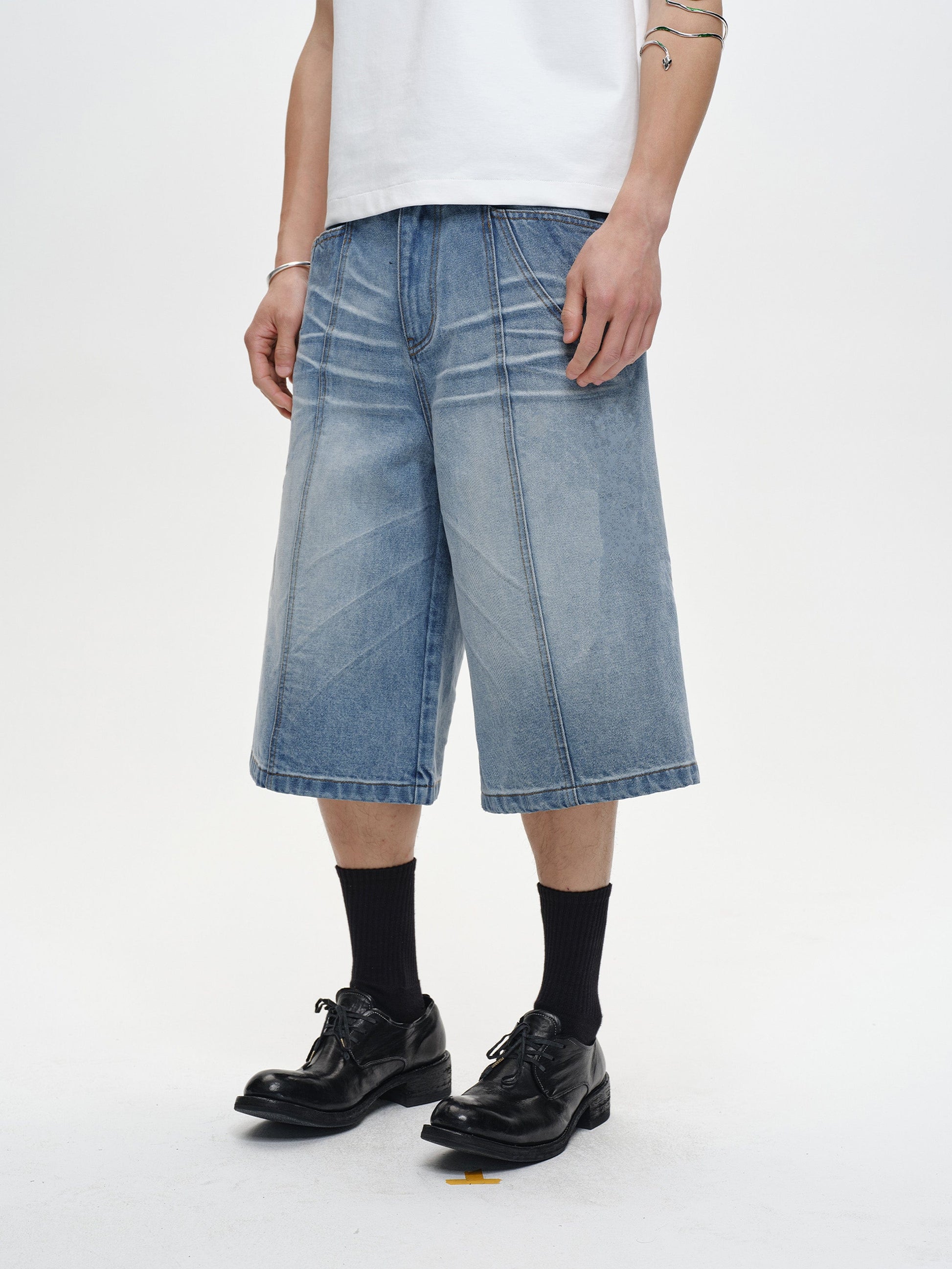 CATSSTAC Whisker-Wash Middle-Spliced Wide-Leg Shorts-Shorts-Blue-M-Free Shipping Leatheretro