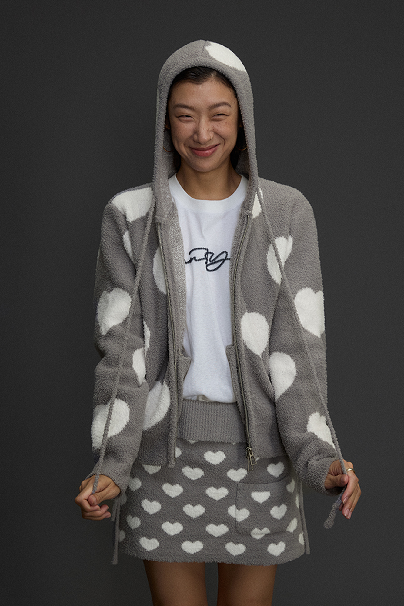 NIANJIUYIKOUER Fuzzy Heart Jacquard Zip-Up Hooded Cardigan-Jacket-XS-Free Shipping Leatheretro